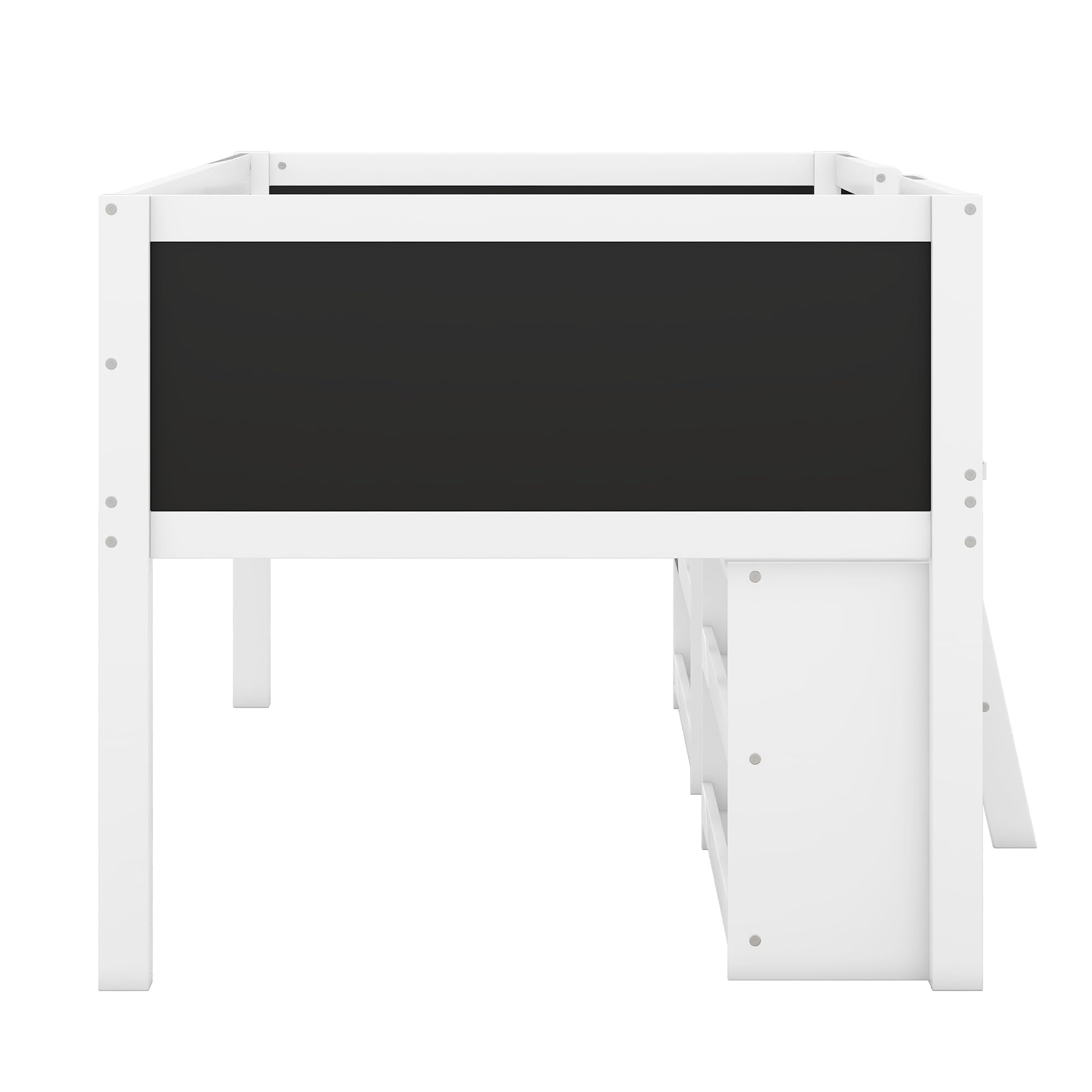Modern Farmhouse Twin Loft Bed with Storage Shelves & Chalkboard - Space-Saving Kids Bed Frame for Boys & Girls - White - Perfect for Small Bedrooms, Dorm Rooms & Playrooms