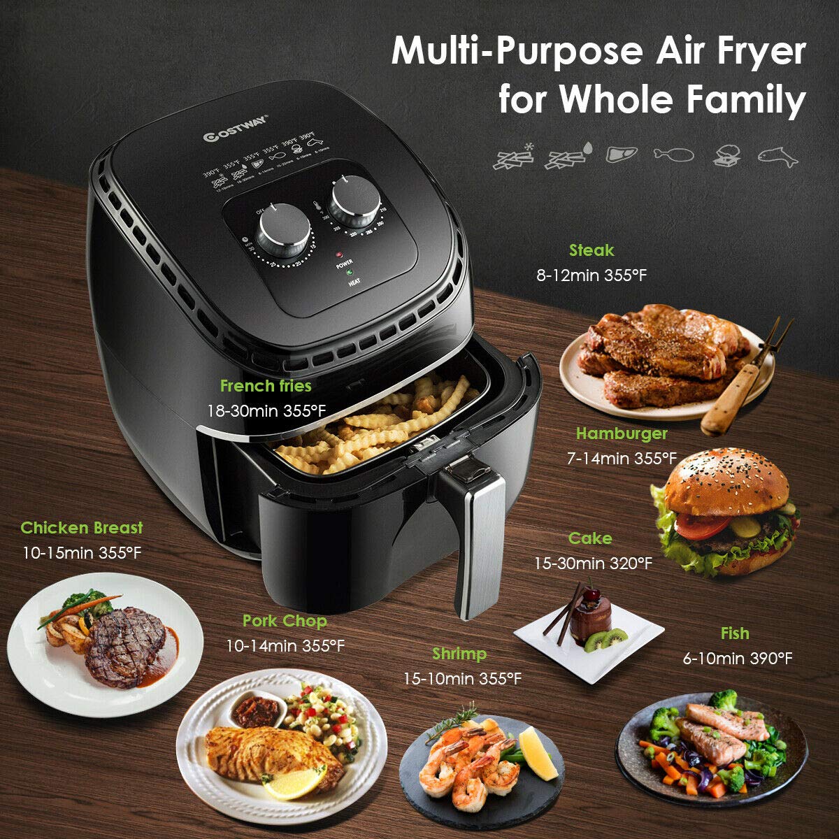 COSTWAY 3.5Qt Air Fryer 1300W Oil-Free Electric Cooker with Smart Time & Temperature Control | UL Certified, Dishwasher Safe, Nonstick Basket & Auto Shut Off | Perfect for Healthy Cooking, Quick Meals & Family Snacks (Black)