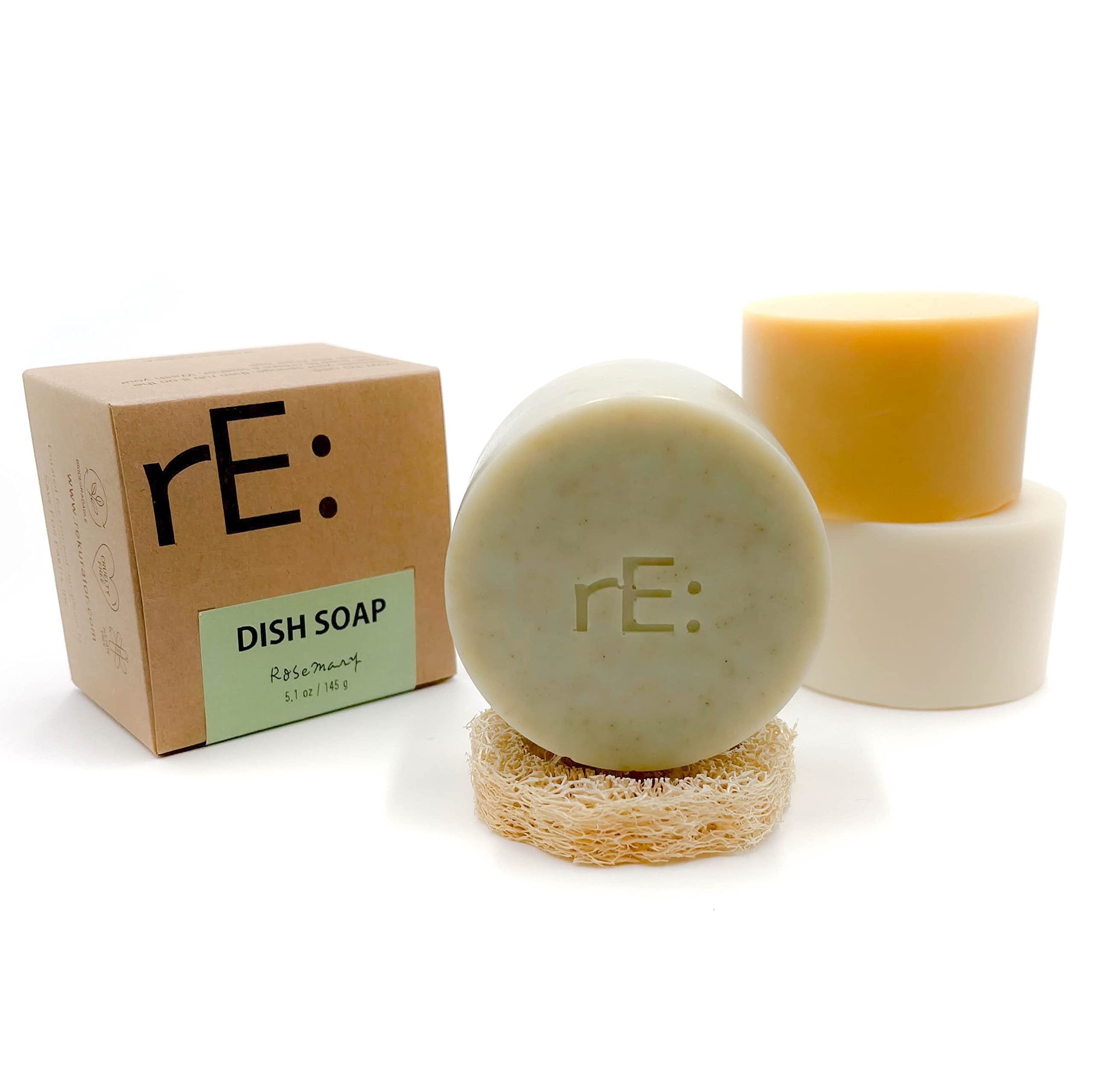Eco-Friendly Dish Washing Soap Bars with Loofah Sponge Holder - Palm Oil Free, Zero Waste, Plastic Free, No Artificial Dyes or Fragrance (Assorted) - Perfect for Sustainable Kitchen Cleaning & Zero Waste Lifestyle