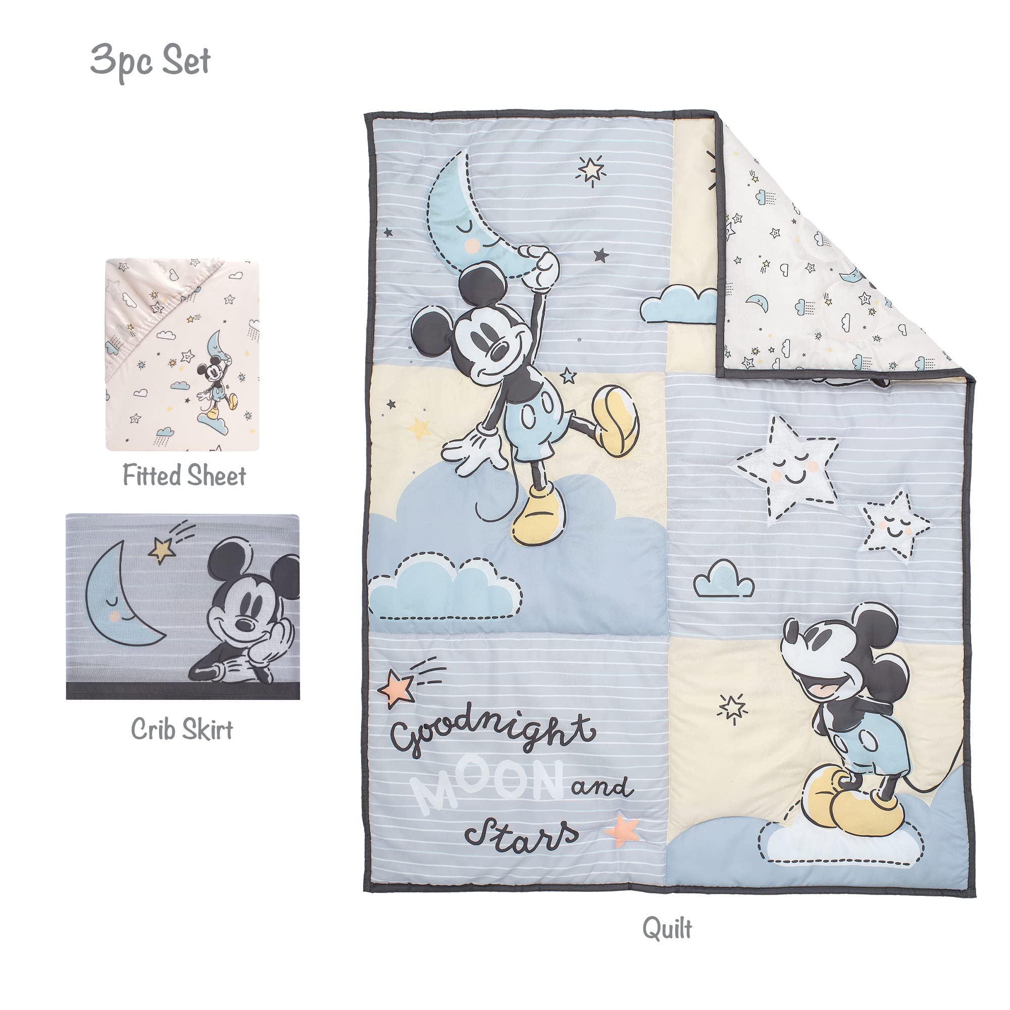 Disney Baby Moonlight Mickey Mouse 3-Piece Crib Bedding Set for Nursery | Soft & Cozy Lambs & Ivy Collection | Perfect for Newborns & Toddlers | Nursery Decor & Baby Shower Gift