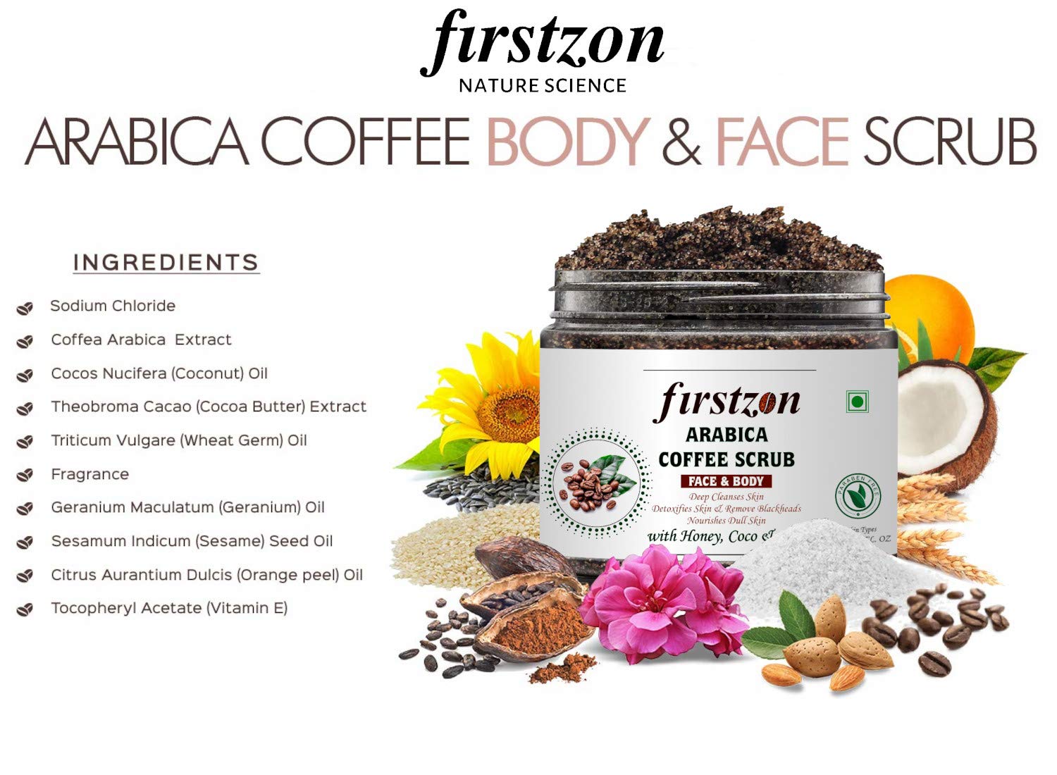 FIRSTZON Arabica Coffee Face & Body Scrub - Natural Exfoliator for Skin Brightening & De-Tanning | Gently Exfoliates Knees, Elbows, Face, Scalp & Arms | Perfect for Spa Day, Self-Care Routine & Glowing Skin