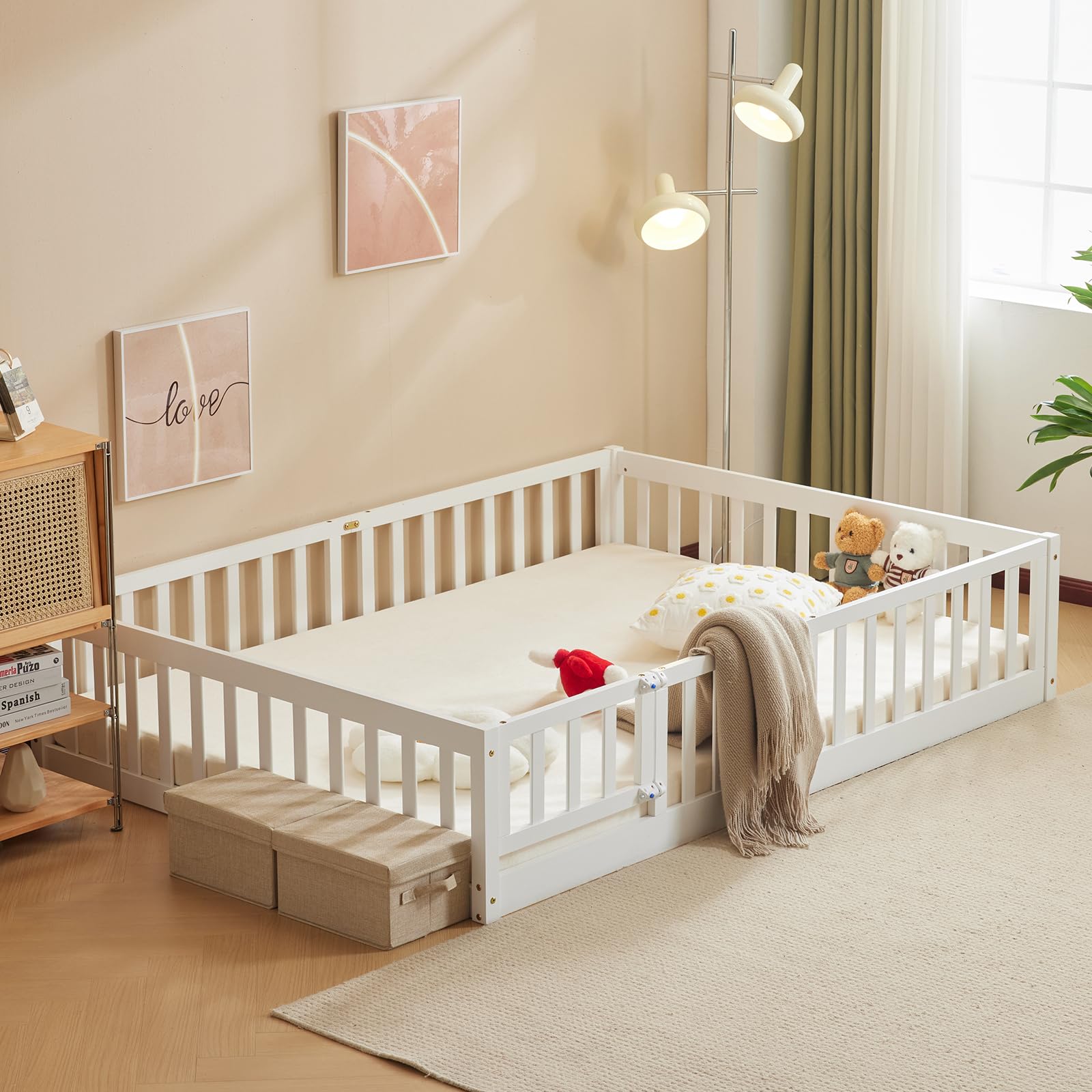 Montessori Toddler Floor Bed with Door & Safety Fence - Solid Wood Full Size Bed Frame for Kids with 12 Slats & Guardrails - Perfect for Girls & Boys Bedrooms, Playrooms & Montessori Learning Spaces (White)