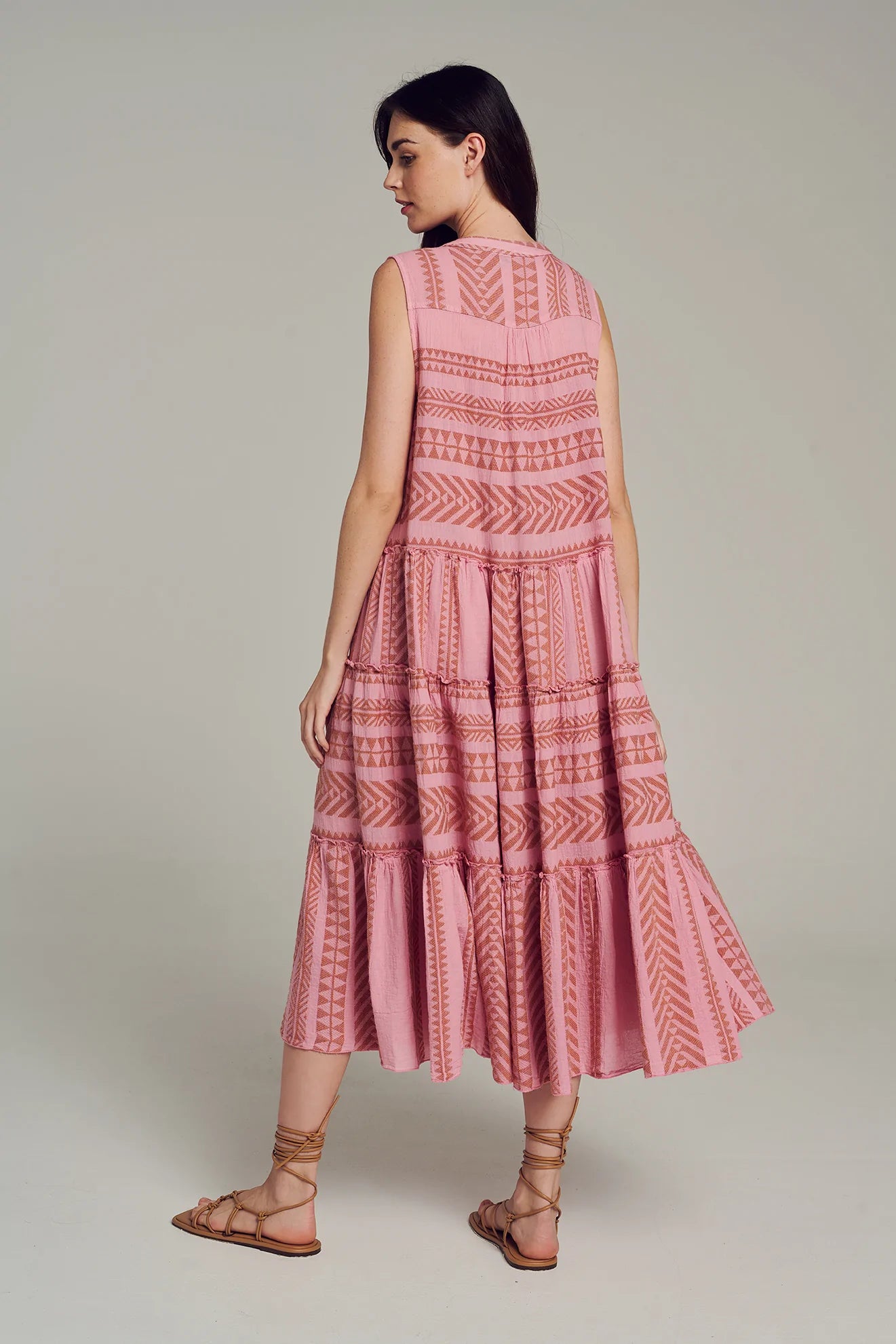 Ella Sleeveless Midi Dress in Camel & Purple/Pink - Perfect for Summer Weddings, Beach Vacations & Casual Outings