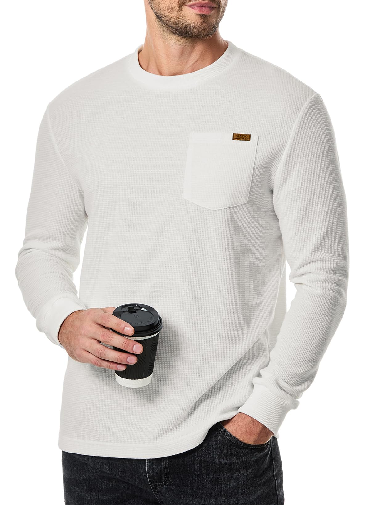 Men's Long Sleeve Crewneck Sweater - Lightweight Honeycomb Waffle Knit Casual Shirt with Pocket | Solid Color Pullover for Fall & Winter Layering | Office, Date Night & Weekend Outfits