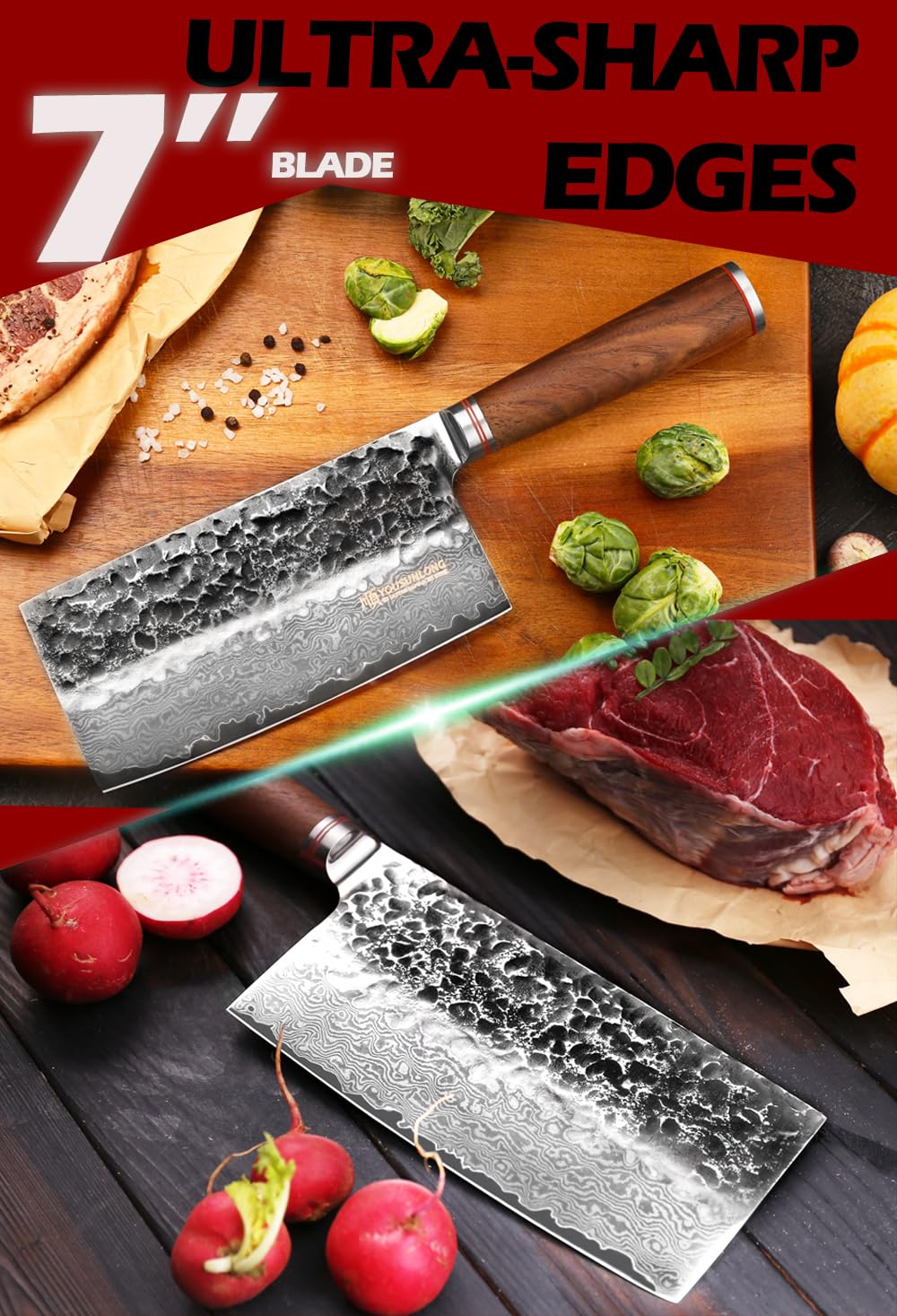 Premium 7-inch Japanese Damascus Steel Meat Cleaver - Professional Chef Knife with Walnut Wood Handle & Leather Sheath - Perfect for Chopping Meat, Vegetables & Herbs in Home Kitchens & Restaurants