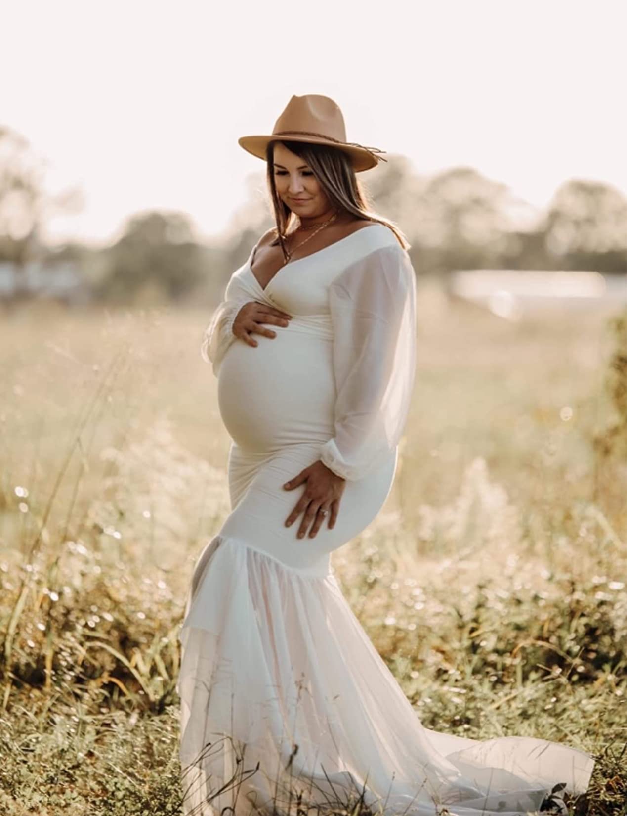 Saslax Elegant Long Sleeve Chiffon Mermaid Maternity Dress for Photoshoot, Baby Shower, Pregnancy Photos, and Special Occasions