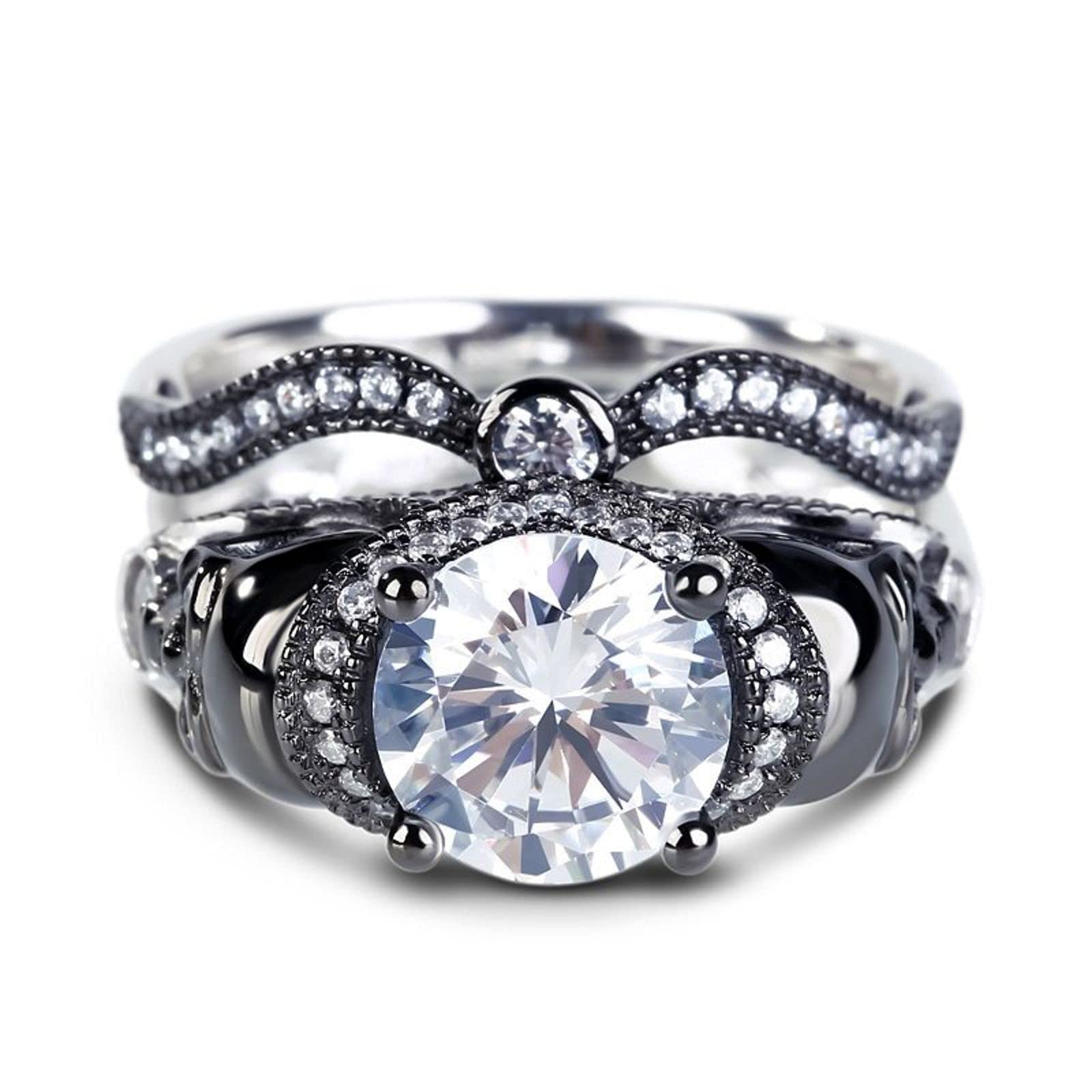 Jeulia 4.97 Carat Twist Skull Ring for Women - Sterling Silver Two Tone Round Cut White Diamond Bridal Set, Black Plated Engagement Promise Ring with Gift Box | Gothic Jewelry, Punk Fashion Accessory, Unique Wedding Band, Anniversary Gift