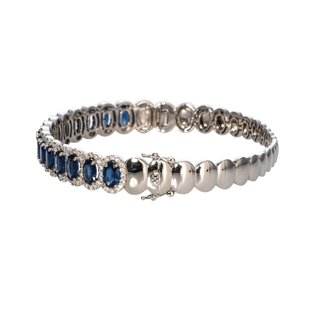 14K White Gold Oval Sapphire & Diamond Halo Bangle Bracelet - Elegant Jewelry for Weddings, Anniversaries & Special Occasions
