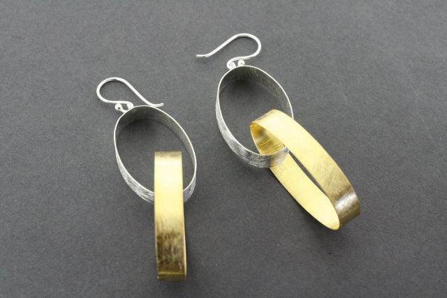 Double Oval Ribbon Earrings - Gold Plated Hoop Earrings for Women, Elegant Dangle Drop Jewelry for Party, Wedding & Everyday Wear