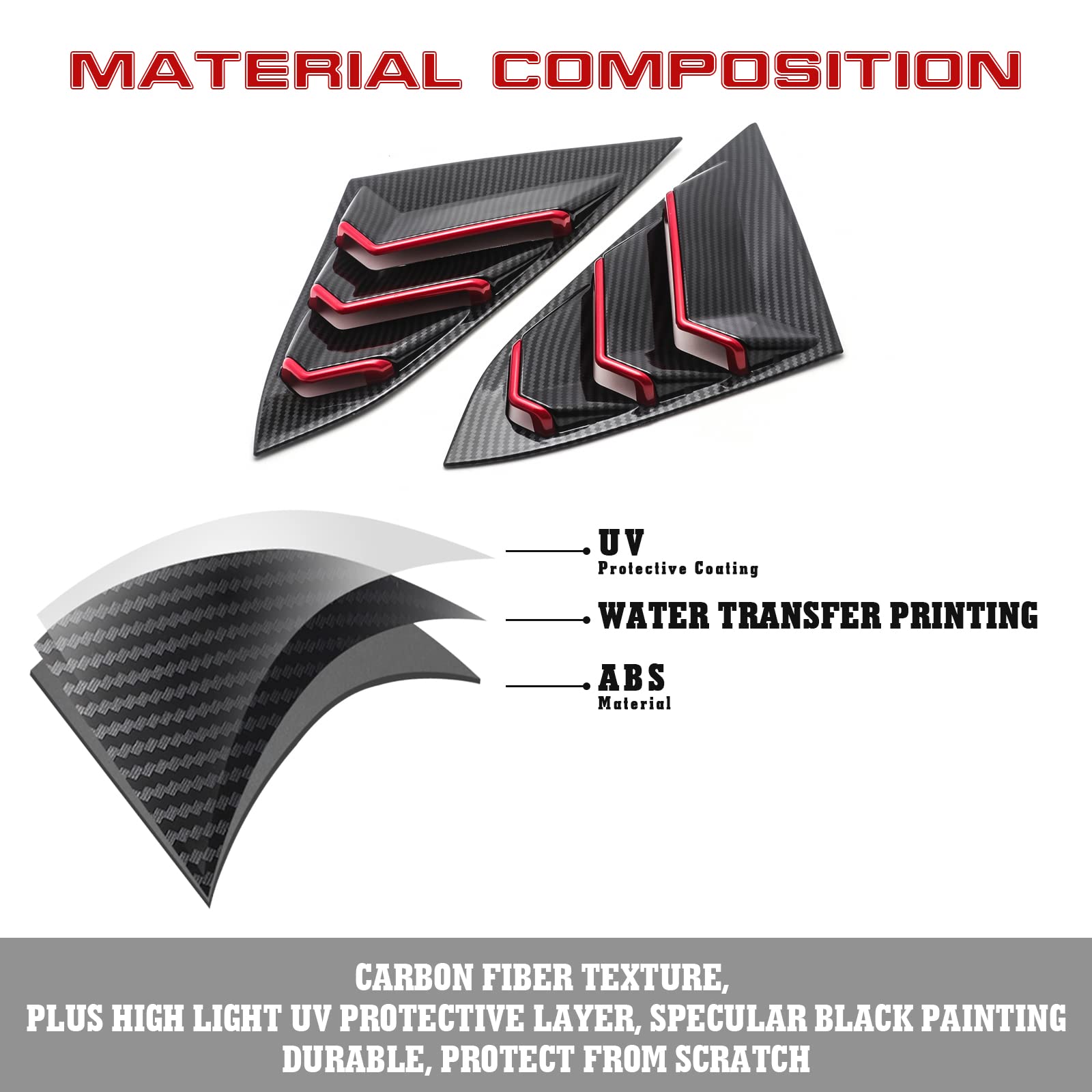 Xotic Tech Rear Side Window Louver Cover Trim - Carbon Fiber Pattern with Red Accent - Compatible with 2016-2021 Honda Civic 10th Gen Sedan - Enhances Style & Airflow - Perfect for Car Enthusiasts & Custom Builds
