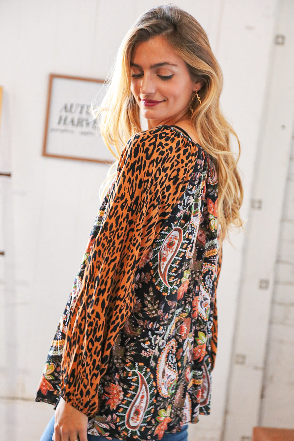 Boho Paisley Leopard Print Front Tie Woven Blouse for Women - Stylish Floral Animal Print Tunic Top for Casual Outfits & Summer Vacations