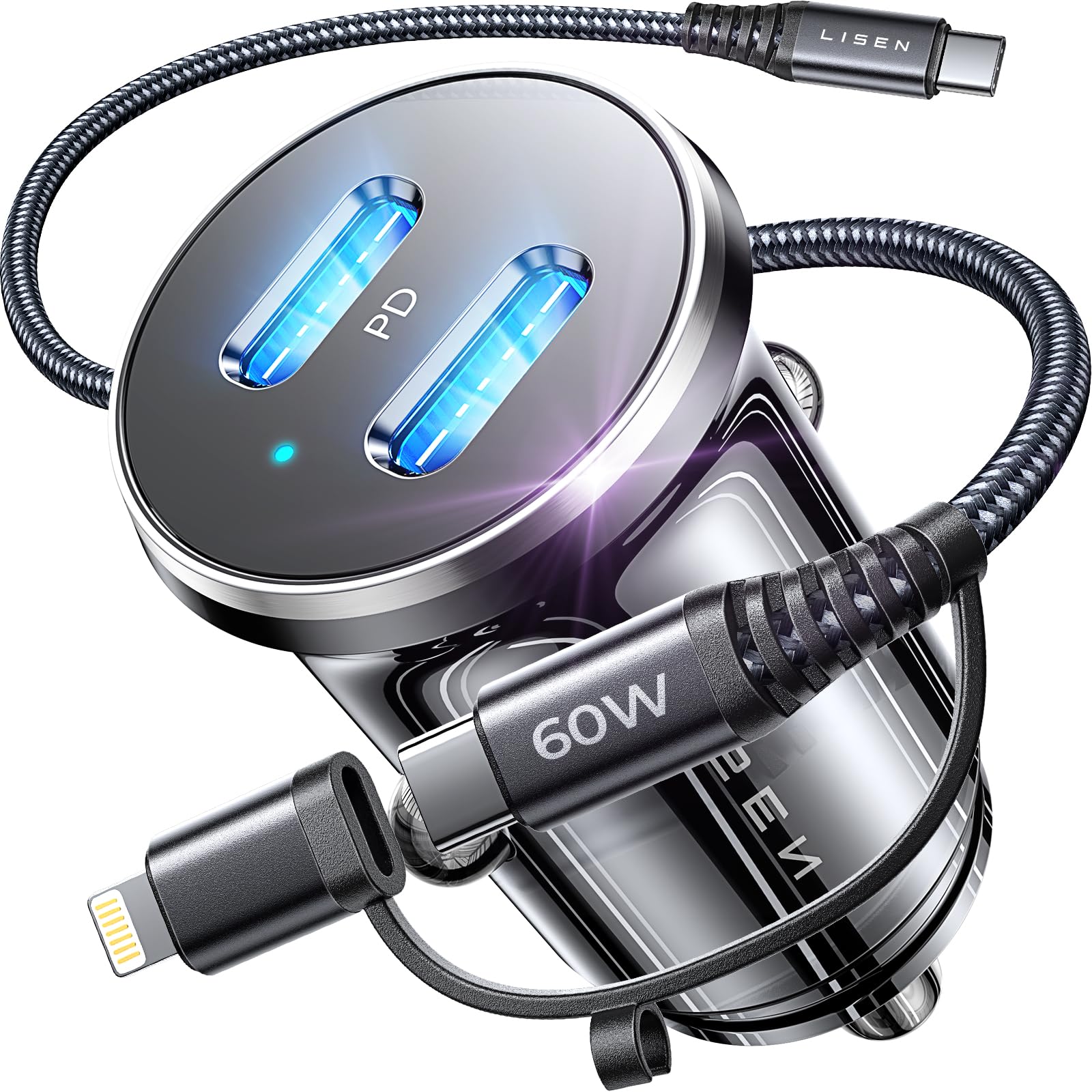 60W Dual USB-C Car Charger for iPhone 16/Pro Max & Samsung Galaxy S24 - Fast Charging Metal Mini Car Phone Charger with Type C to C/Lightning Cable - Perfect for Road Trips & Daily Commute