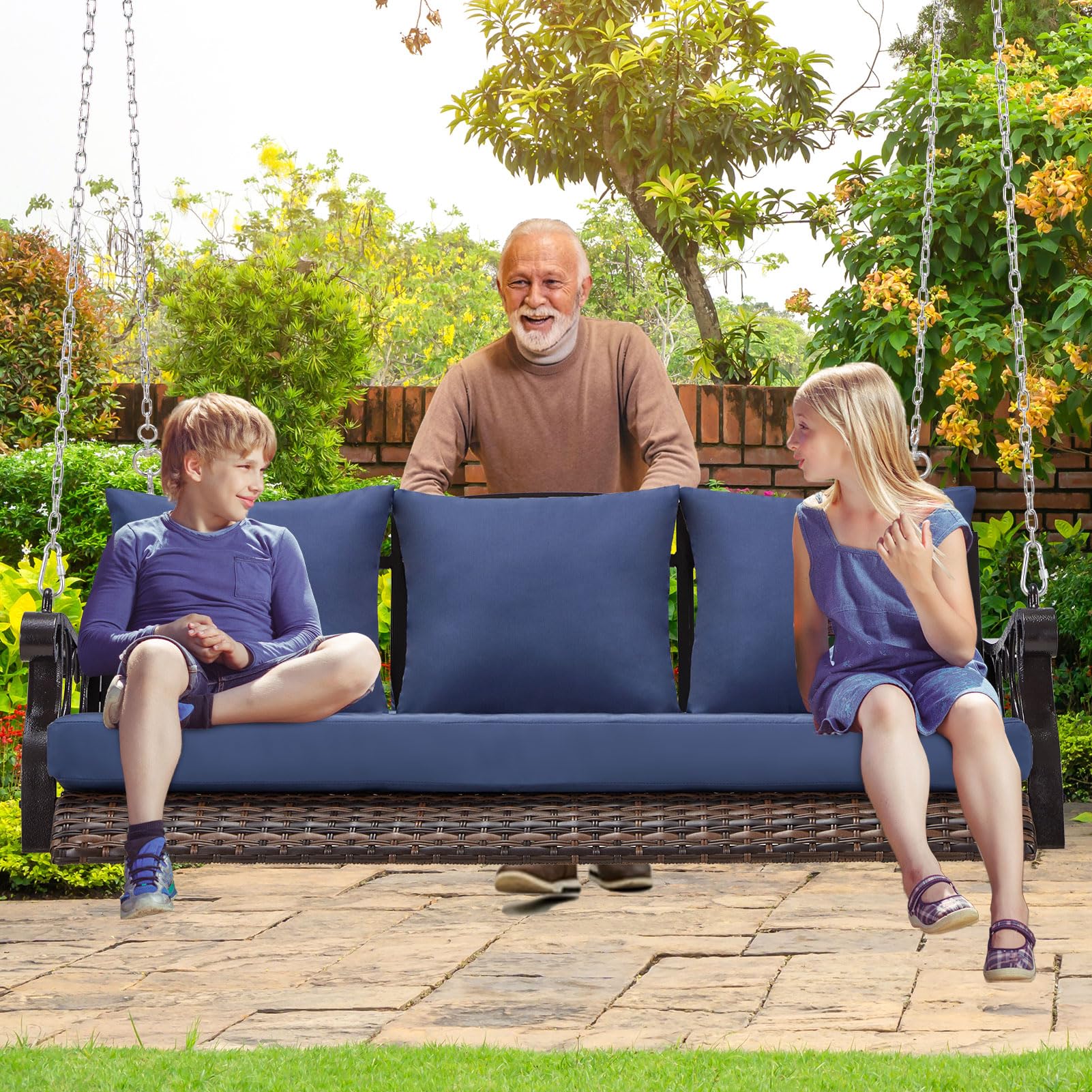 3-Person Heavy Duty Wicker Porch Swing Chair - 900 LBS Capacity Outdoor Rattan Patio Swing with Cup Holder & Steel Chains - Perfect for Deck, Backyard, Garden & Patio Relaxation