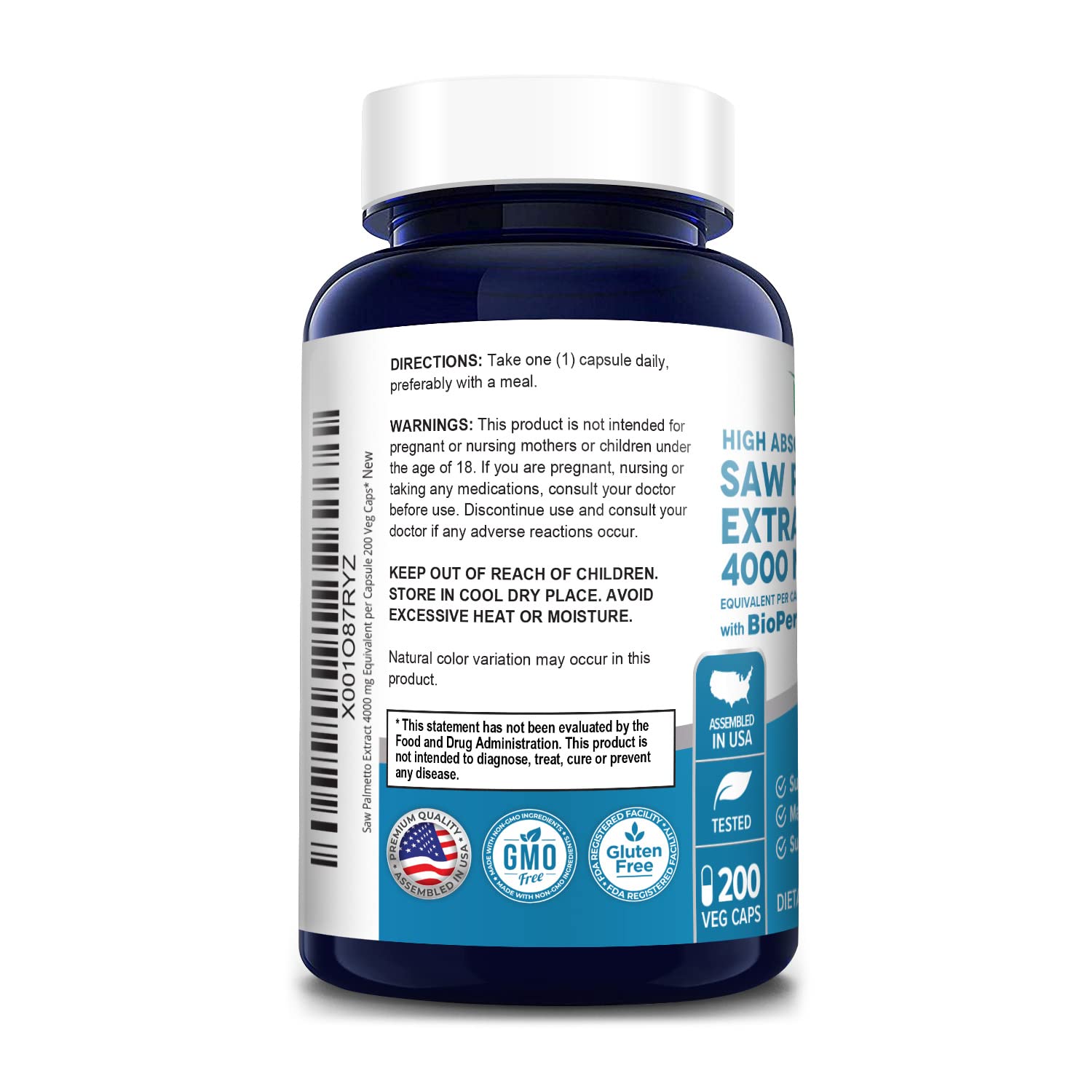 NusaPure Saw Palmetto 4,000mg per Veggie Capsule - 200 Count (20:1 Extract, Non-GMO, Gluten Free, Vegetarian with Bioperine) - Supports Prostate Health & Urinary Function for Men