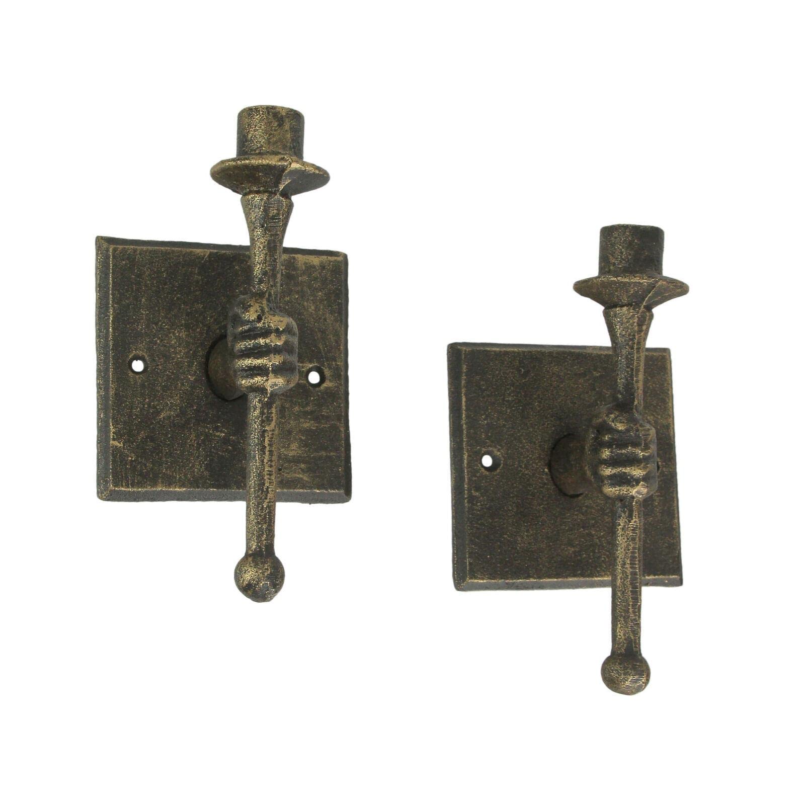 Set of 2 Antique Bronze Cast Iron Wall Sconce Candle Holders - Vintage Torchbearer Design for Halloween Decor, Table Centerpiece & Home Lighting | Perfect for Fireplace Mantel, Dining Room & Gothic Interior Decor