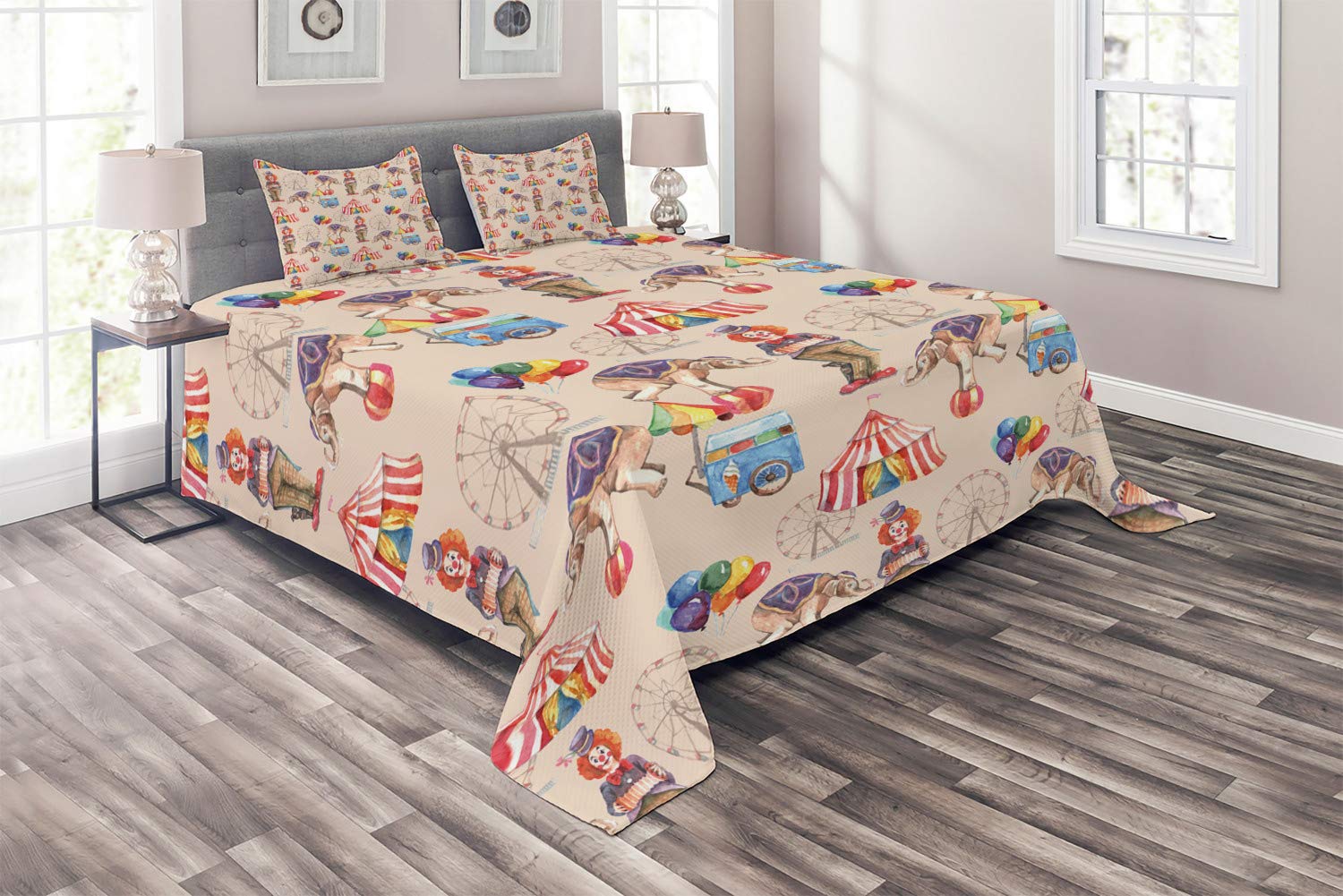 Ambesonne Ferris Wheel Quilt Set - 3 Piece King Size Watercolor Circus Bedspread with 2 Pillow Shams | Vintage Carnival Theme Featuring Elephants, Tents & Balloons | Soft Pale Peach Multicolor Decorative Bedding for Kids' Room, Nursery or Guest Bedroom