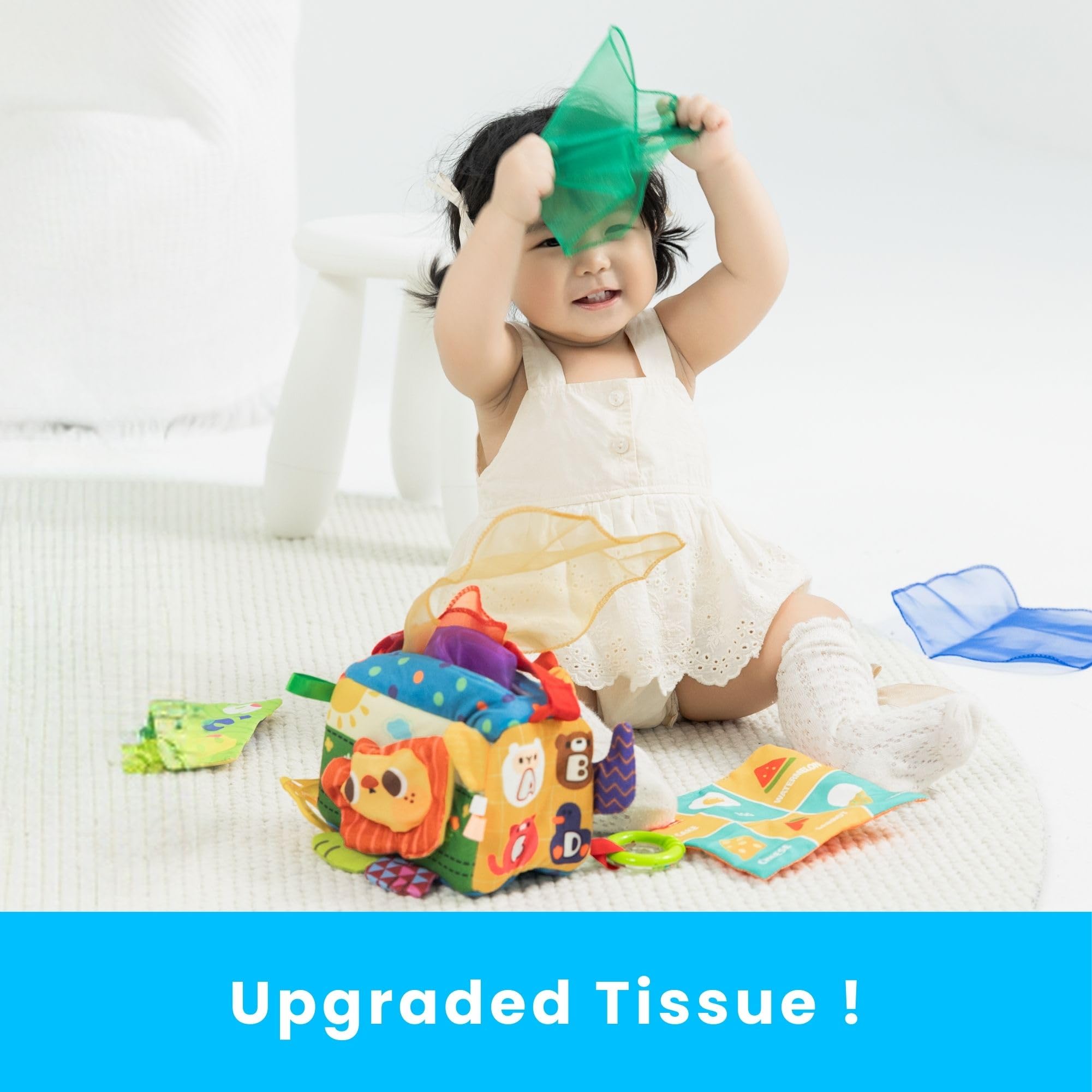 PlenPLAY Baby Tissue Box Toy - Sensory Development & Learning Toys for 6-12 Months - Montessori Educational Toys for 1 Year Old - Soft Pull & Play Activity for Toddlers - Perfect for Home, Daycare & Travel Playtime
