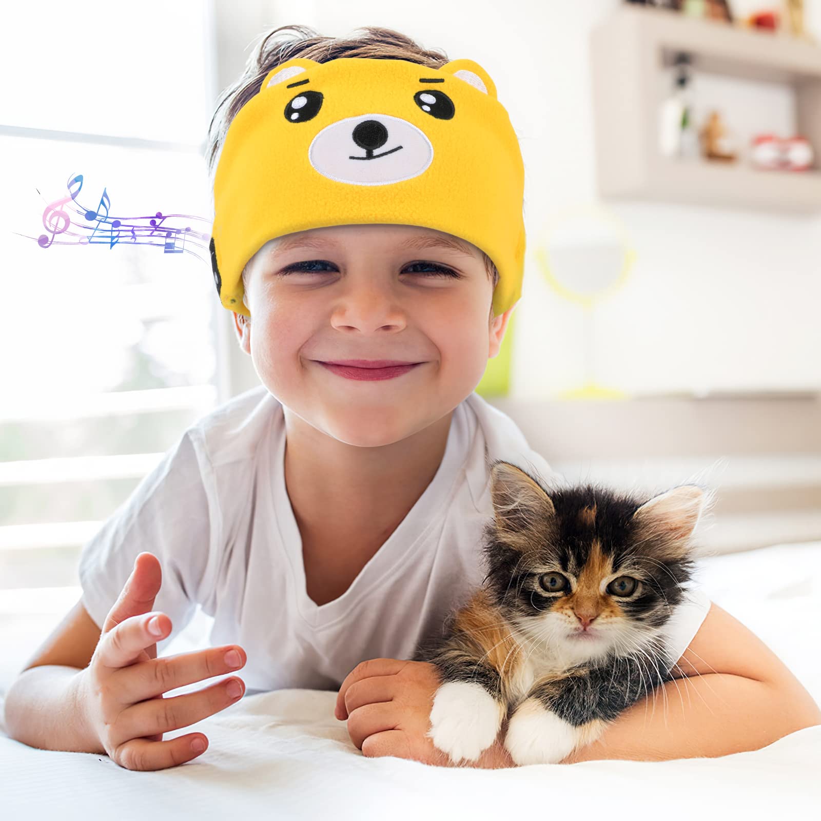 Laelr Kids Wireless Bluetooth Headband Headphones with Built-in Microphone - Soft Fleece Hi-Fi Stereo Headset with Super Bass, Voice Prompt & Sleep Eye Mask for Travel, Sleeping & Relaxation (Yellow) - Perfect for Airplane Trips, Nap Time & Meditation
