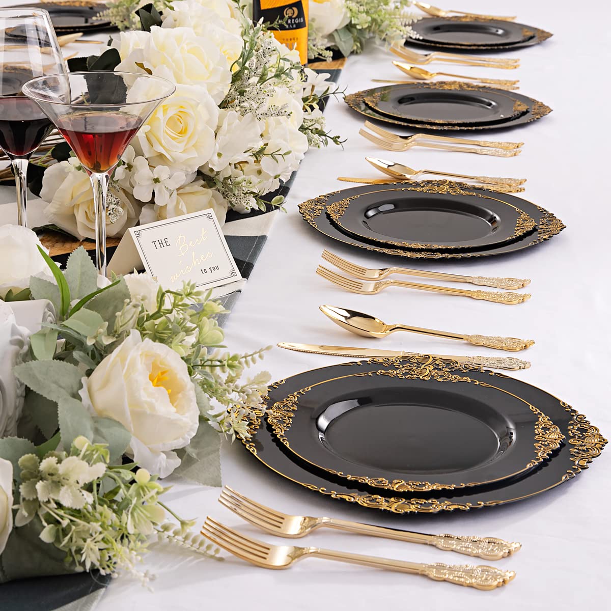 Nervure 200-Piece Black and Gold Plastic Dinnerware Set - 100 Black Gold Plates & 100 Gold Silverware (Forks, Knives, Spoons) - Elegant Disposable Tableware for Parties, Weddings, and Events