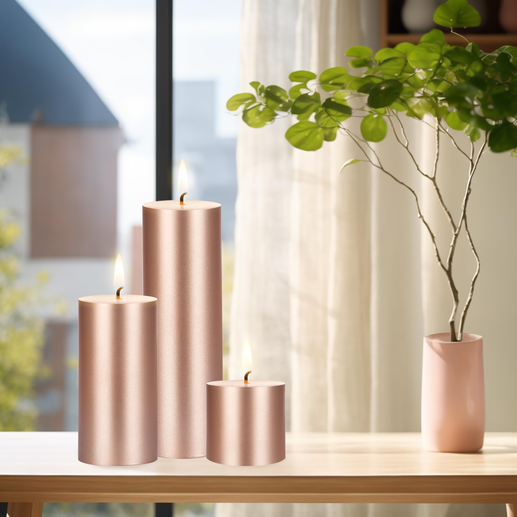 Premium Unscented Rose Gold Pillar Candles Set of 6 - 3x9 Inch Hand-Poured Pure Wax Candles for Home Decor, Wedding Centerpieces, Spa Relaxation, Holiday Celebrations & Prayer Vigils - Elegant Party Decorations