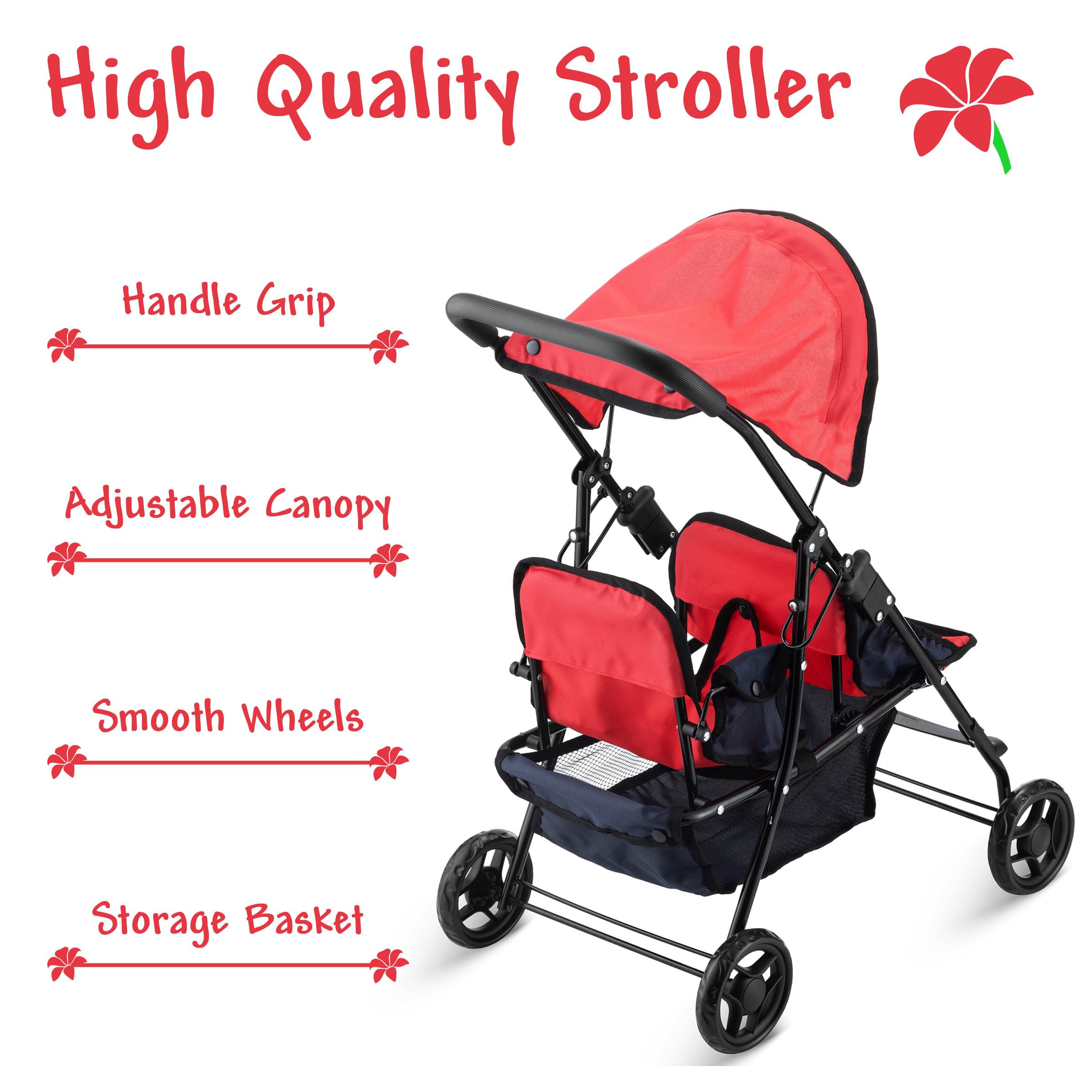 Hushlily® Tandem Double Doll Stroller for Kids - Adjustable Canopy & Storage Basket, Foldable Design with Smooth Rolling Wheels - Perfect for Indoor Play, Outdoor Walks & Doll Care Pretend Play (Red & Blue)