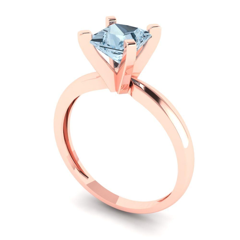 0.95ct Natural Light Sea Blue Aquamarine Princess Cut Solitaire Ring in 14k Rose Gold for Women | Classic 4-Prong Engagement Ring, Wedding Band & Anniversary Gift | Elegant Jewelry for Special Occasions