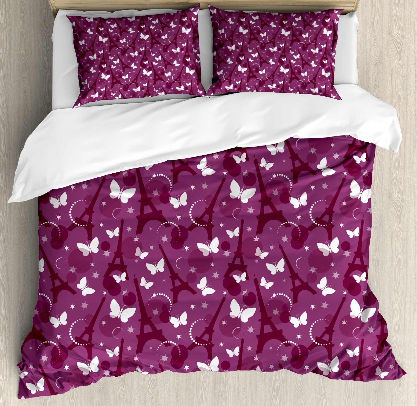 Ambesonne Eiffel Tower Duvet Cover Set - 3 Piece Queen Size Bedding with Abstract Art, White Butterflies & Stars Design in Violet Plum & White | Perfect for Paris-Themed Bedrooms, Guest Rooms & Bohemian Decor