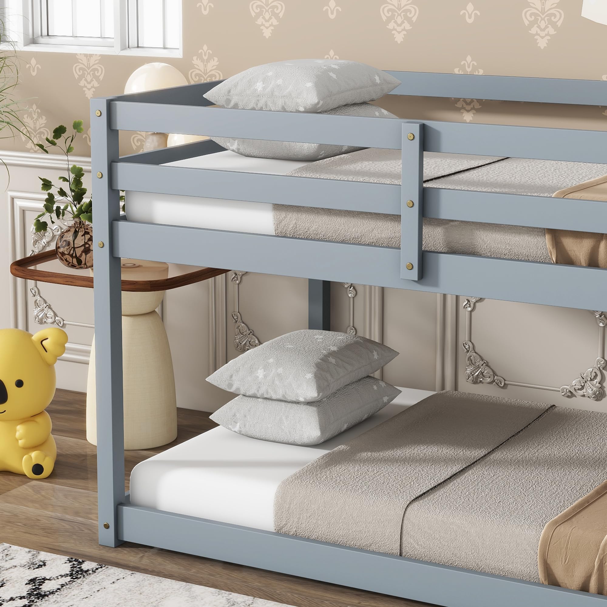 Low Bunk Beds Twin Over Twin - Sturdy Wood Floor Bunk Bed Frame with Safety Rails for Kids, Teens, Boys & Girls - Space-Saving Junior Loft Bed for Small Rooms, Dorms & Shared Kids Bedrooms - Gray