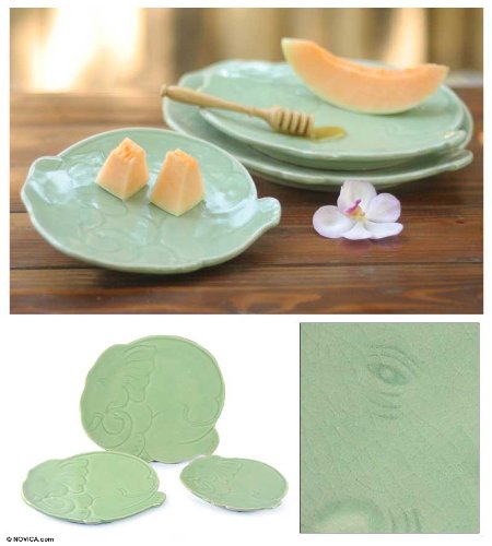 NOVICA Handmade Ceramic Plates Set of 3 - Green Elephant Design for Garden Party, Outdoor Dining & Home Decor | Eco-Friendly Dinnerware for Special Occasions