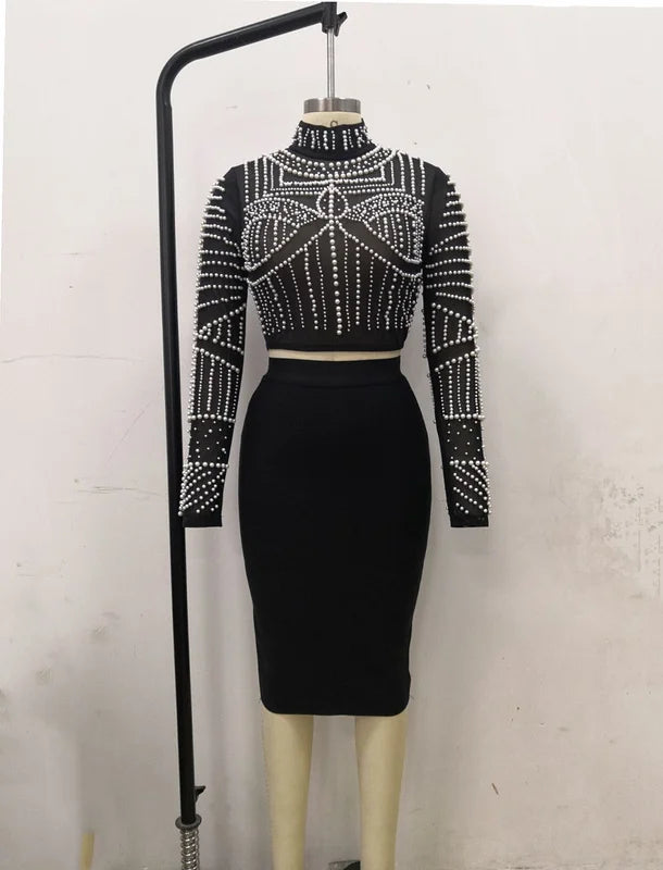 Black Pearl Beaded Two-Piece Rayon Bandage Set | Club Party Fashion Outfit | Sexy Night Out & Special Occasion Outfit
