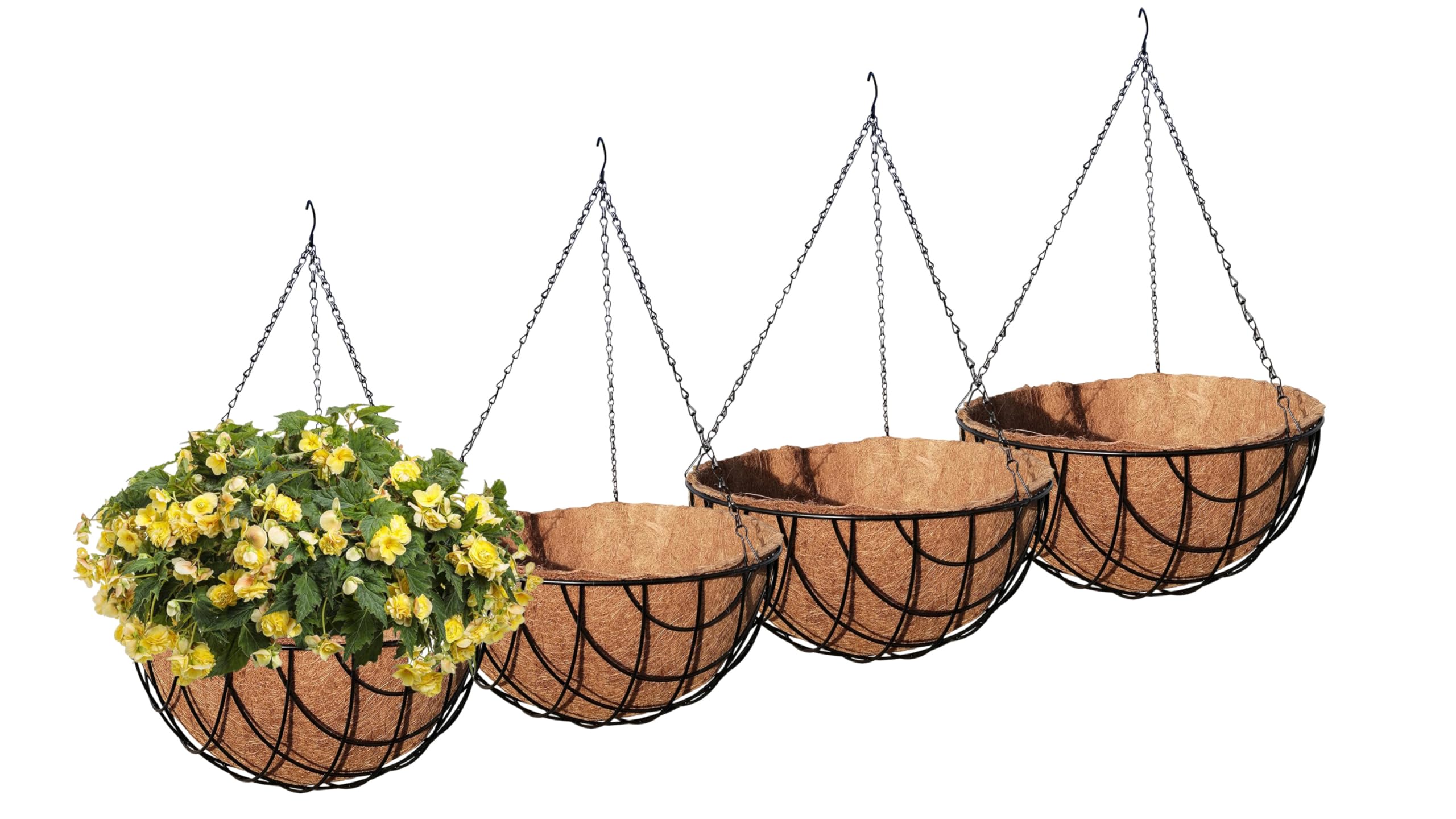 Vintage Geo Hanging Baskets 16 Inch with Coco-Liner - Pack of 4 Outdoor Garden Planters for Flowers, Herbs & Plants - Perfect for Patio, Porch & Balcony Decor