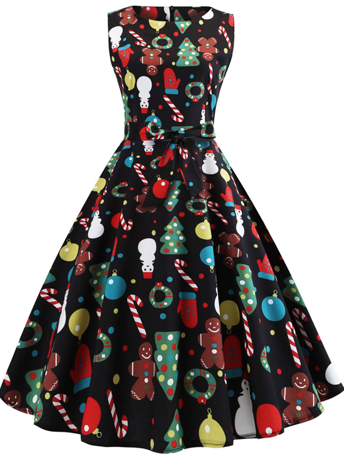 Vintage Sleeveless Christmas Party Dress for Women - Festive Santa Snow & Tree Print Cocktail Swing Dress for Holiday Gatherings, Xmas Dinner & New Year Celebrations