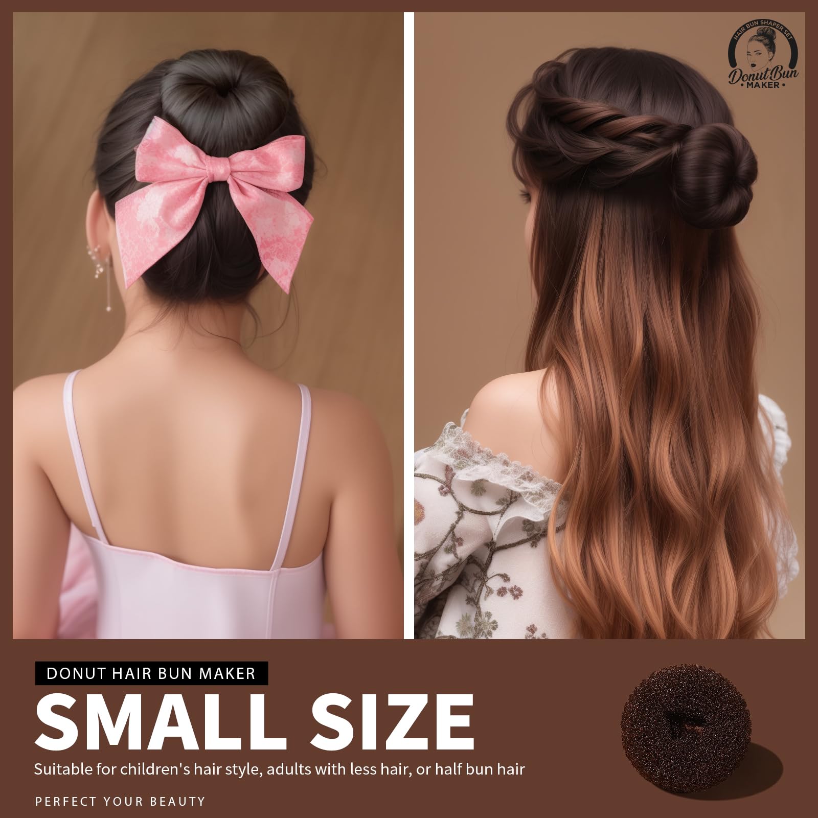 4PCS Hair Bun Maker for Women - Brown Hair Donut for Perfect Buns & Updos - Great for Ballet, Gym, Work & Everyday Hairstyles