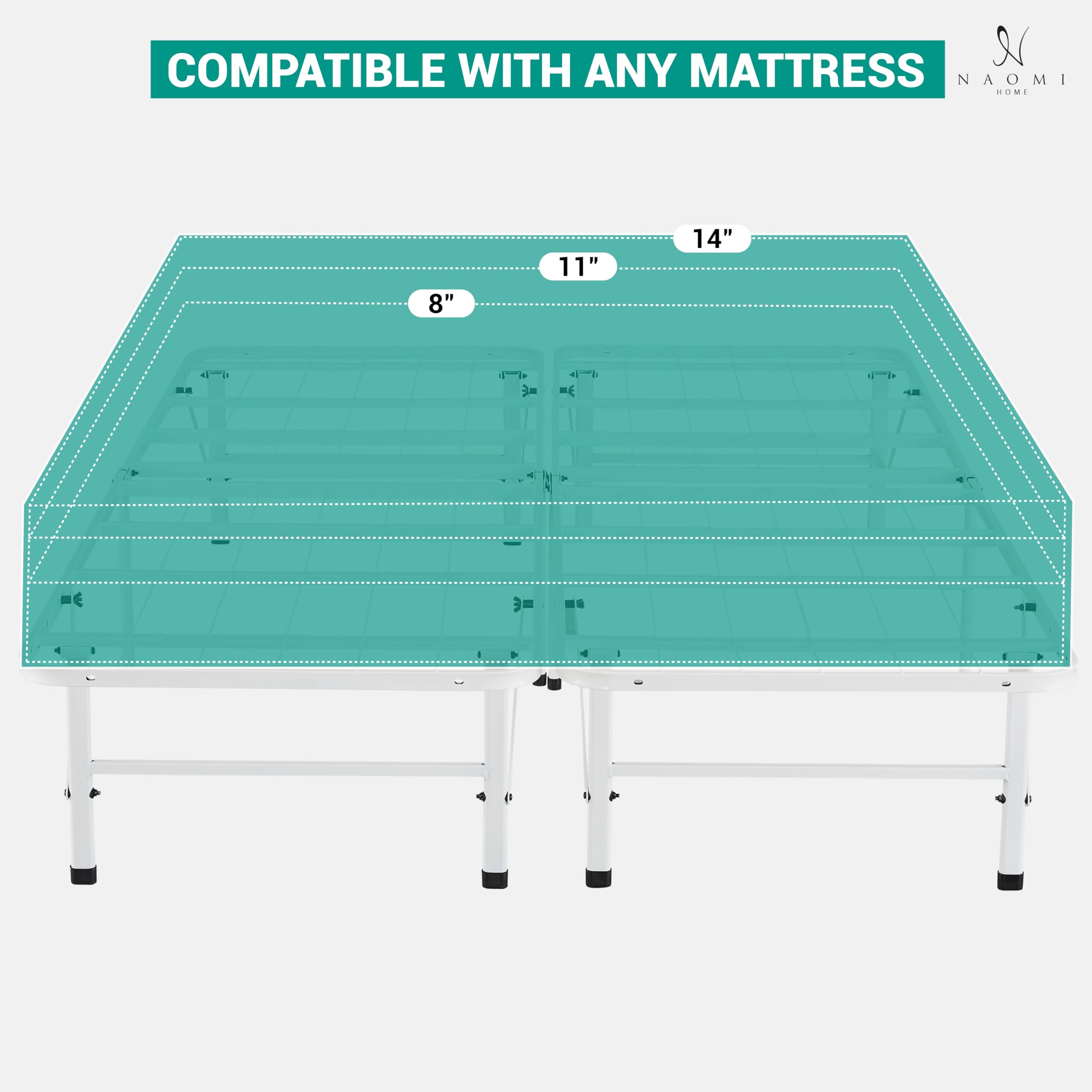 Naomi Home Full Size Bed Frame - Heavy Duty Foldable Platform Bed with Steel Slats, 600lbs Capacity - Mattress Foundation & Box Spring Replacement - White | Ideal for Guest Rooms, Small Spaces & Temporary Sleeping Arrangements