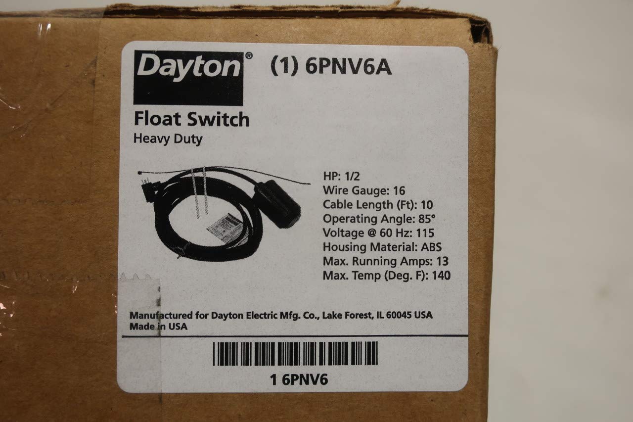 6PNV6A Float Switch - 1/2HP, 10FT Cable, 115V AC - Water Level Control for Sump Pumps, Basement Drainage, Aquariums & Industrial Tanks