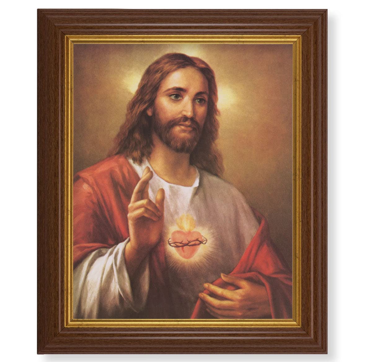 Sacred Heart of Jesus Framed Wall Art - Large Traditional Dark Walnut Fluted Frame with Gold Beaded Edge - Catholic Home Decor for Living Room, Bedroom & Church