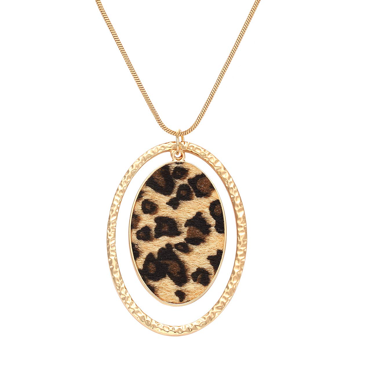 Women's Long Leopard Print Necklace - Gold Chain with Cheetah Pendant - Stylish Animal Print Leather Necklace for Casual Wear, Date Night & Boho Fashion