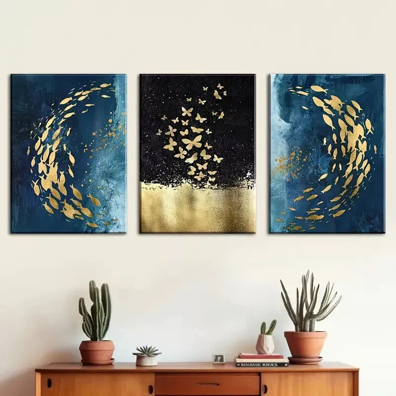 3-Piece Abstract Fish & Butterfly Swarm Wall Art Set - Framed Canvas 40x60cm (16x24in) - High Quality Print, 100% Australian Made - Ready to Hang for Living Room, Bedroom & Office Decor