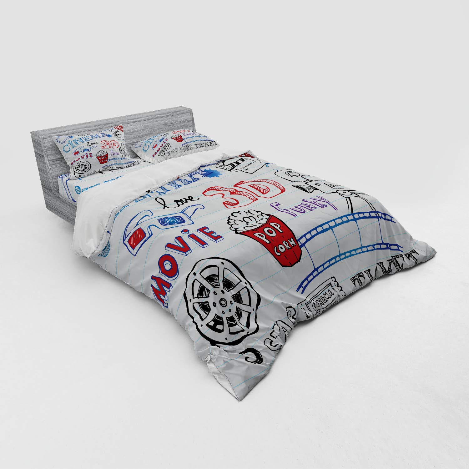 Ambesonne Movie Theater Bedding Set - Hand Drawn Notebook Style Hollywood Theme 4-Piece Duvet Cover Set with Shams & Fitted Sheet, Queen Size, Red & Blue - Perfect for Movie Nights & Themed Bedrooms