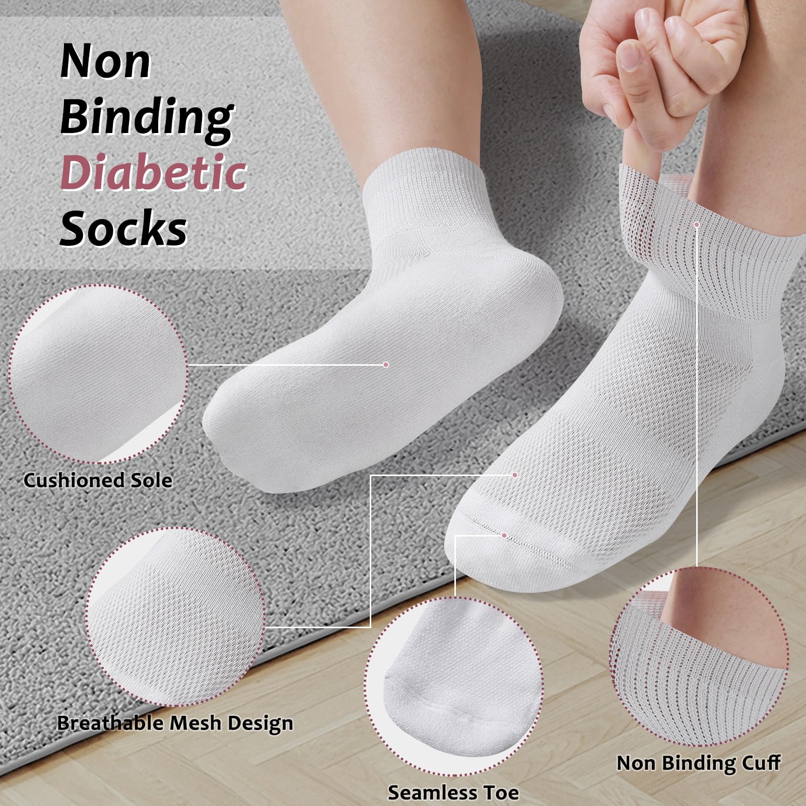 **5 Pairs Bamboo Diabetic Socks for Men & Women - Non-Binding Ankle Socks for Circulation & Comfort (Medium Size) - Ideal for Daily Wear, Travel & Diabetic Foot Care**