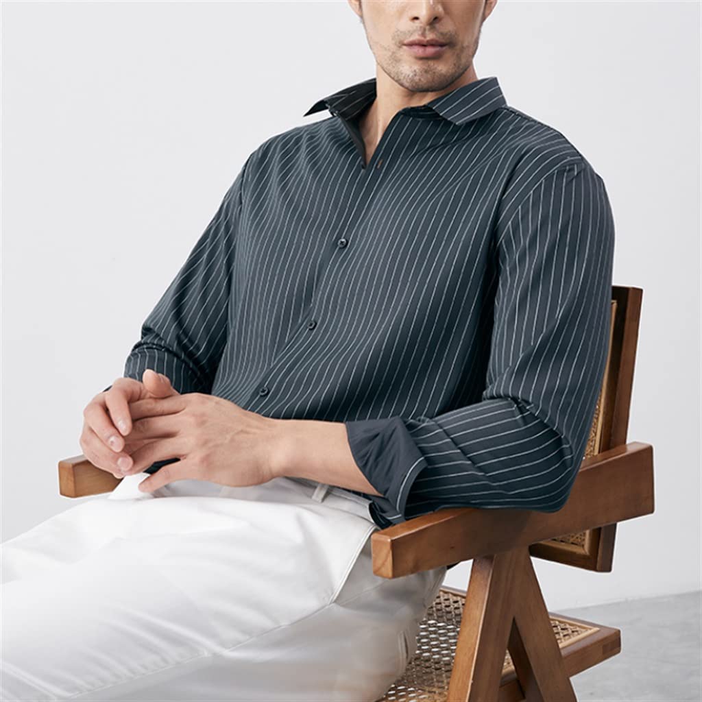 Premium Gray Striped Business Casual Shirt for Men - Breathable Summer Long Sleeve Dress Shirt (XXXL) - Perfect for Office Wear, Business Meetings & Smart Casual Outfits