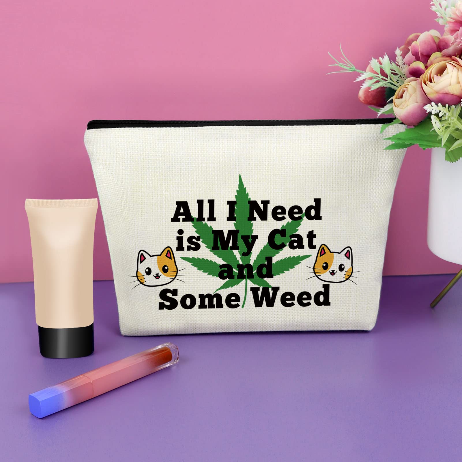 Cat Lover Gift for Women - Weed Leaf Design Makeup Bag, Friendship & Birthday Gift for Sister, Cat Mom Cosmetic Travel Pouch - Perfect for Thanksgiving, Christmas, and Daily Use