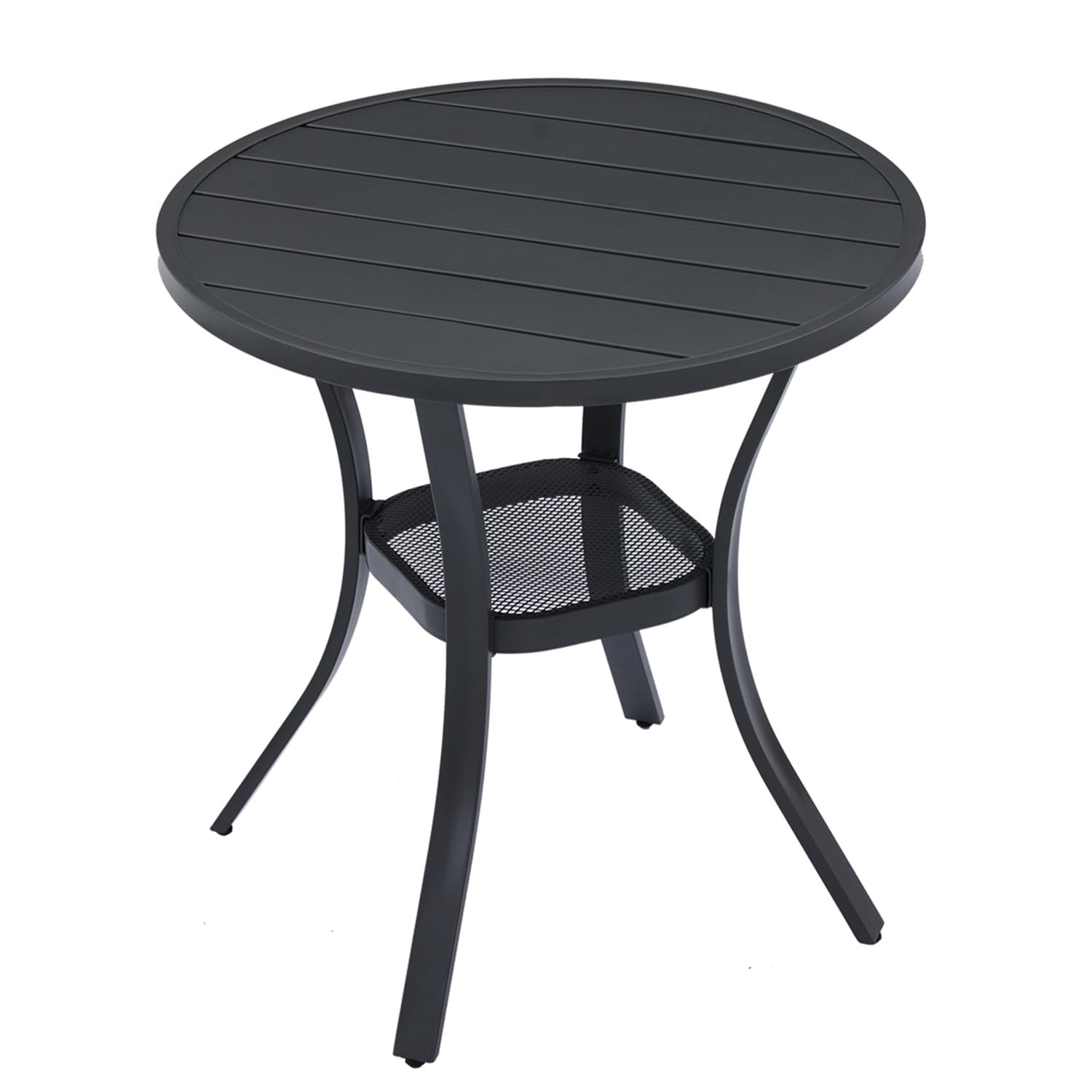 VICLLAX 27.5 Inch Round Outdoor Patio Table - All-Weather Metal Garden Dining Table with Storage Shelf - Compact 2-Person Black Tabletop for Backyard, Balcony & Small Spaces