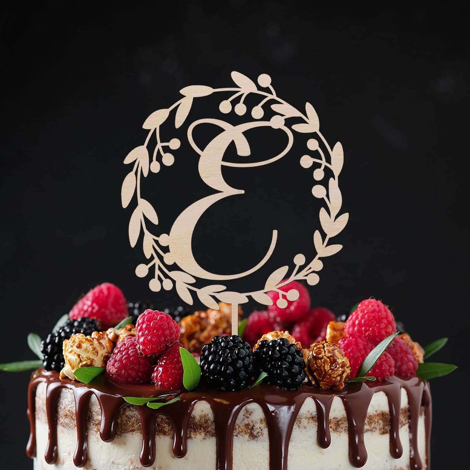 Personalized Wooden Monogram Cake Topper - Rustic Letter E Wreath Design for Wedding, Birthday & Anniversary Cakes - Handmade Cake Decoration (Design 11) | Perfect for Rustic Weddings, Birthday Celebrations & Special Occasions