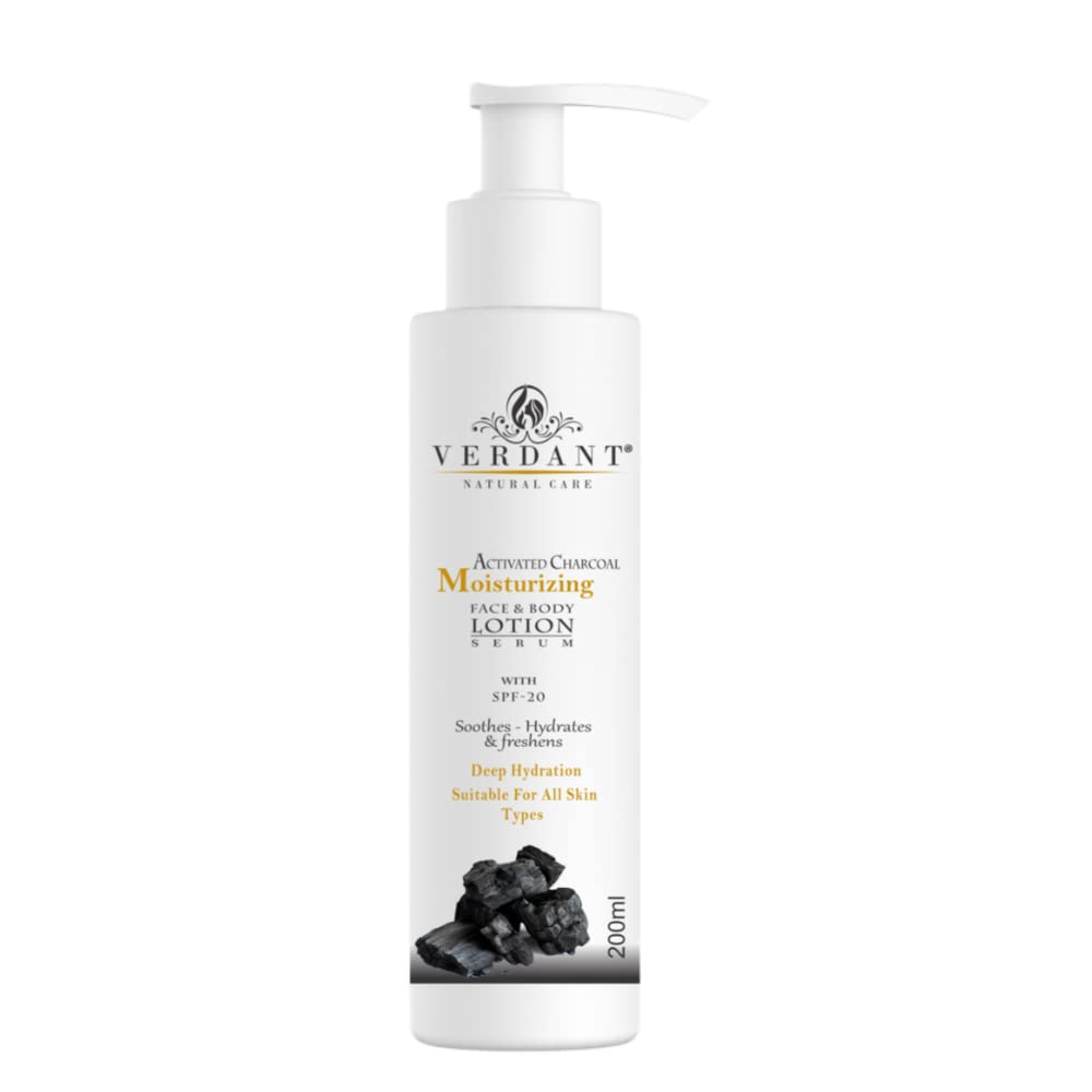 Verdant Natural Care Activated Charcoal Body Lotion with SPF 20 | Deep Hydrating & Moisturizing Face & Body Serum | Paraben-Free, Mineral Oil-Free | 200ml | Perfect for Daily Skincare & Sun Protection