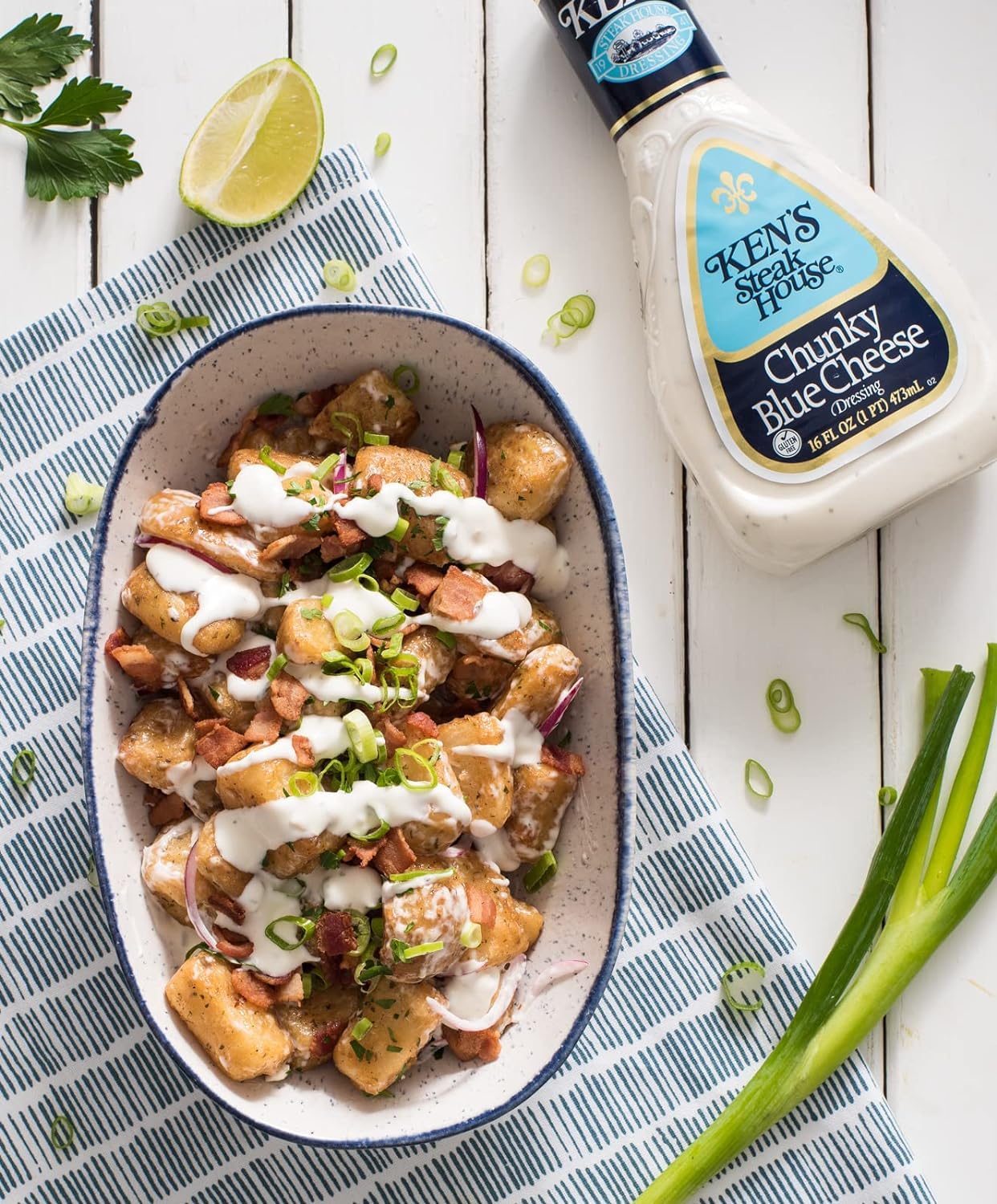 Ken's Steak House Chunky Blue Cheese Dressing - 16 Fl Oz (Pack of 2) with Free V2U 4-Piece Utensil Set | Rich & Creamy Salad Dressing for Wings, Burgers & Veggie Dips | Restaurant-Quality Flavor at Home