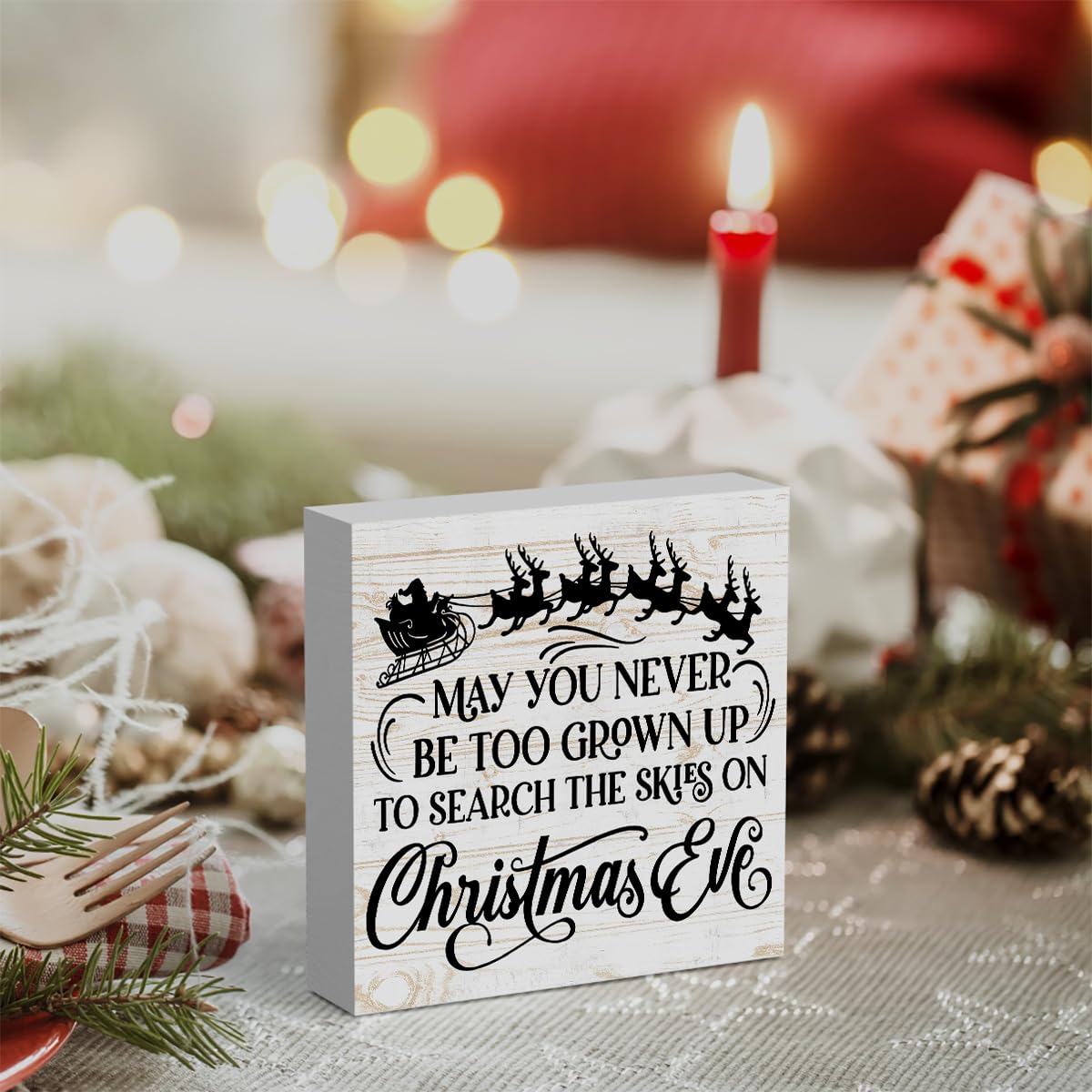 WRSUNT 5x5 Inch Black Christmas Decorations Set - Holiday Signs for Bathroom, Table, Bedroom & Office - 'May You Never Be Too Grown Up' Wall Art - Perfect for Indoor Christmas Decor & Gift Giving