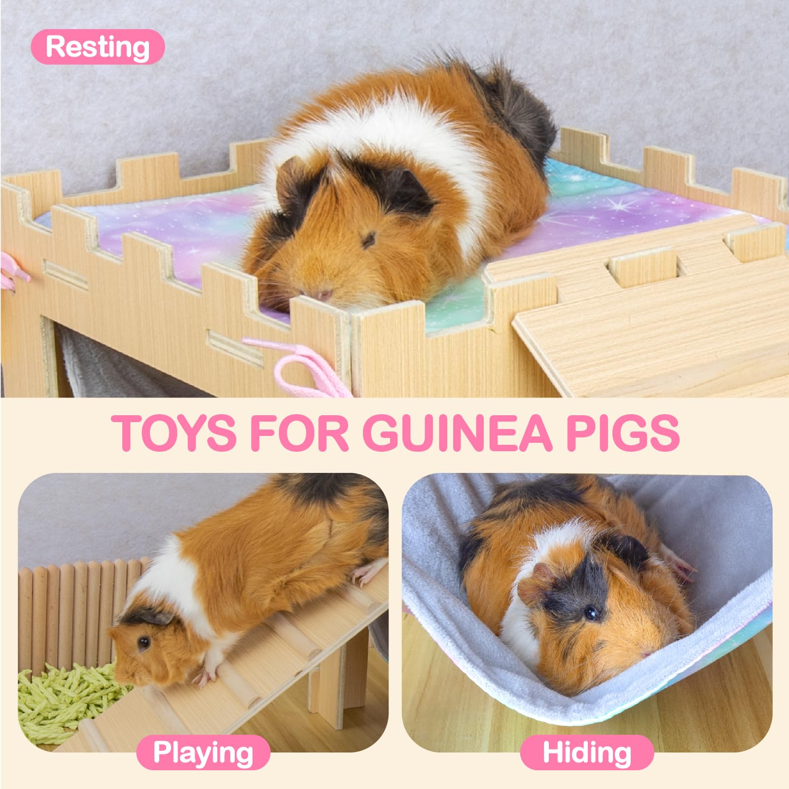 **Wooden Guinea Pig Hideout with Hammock, Platform & Ramps - Waterproof Coating, Easy to Clean - Small Pet Cage Accessories for Play & Relaxation - Perfect for Guinea Pigs, Hamsters & Small Animals**