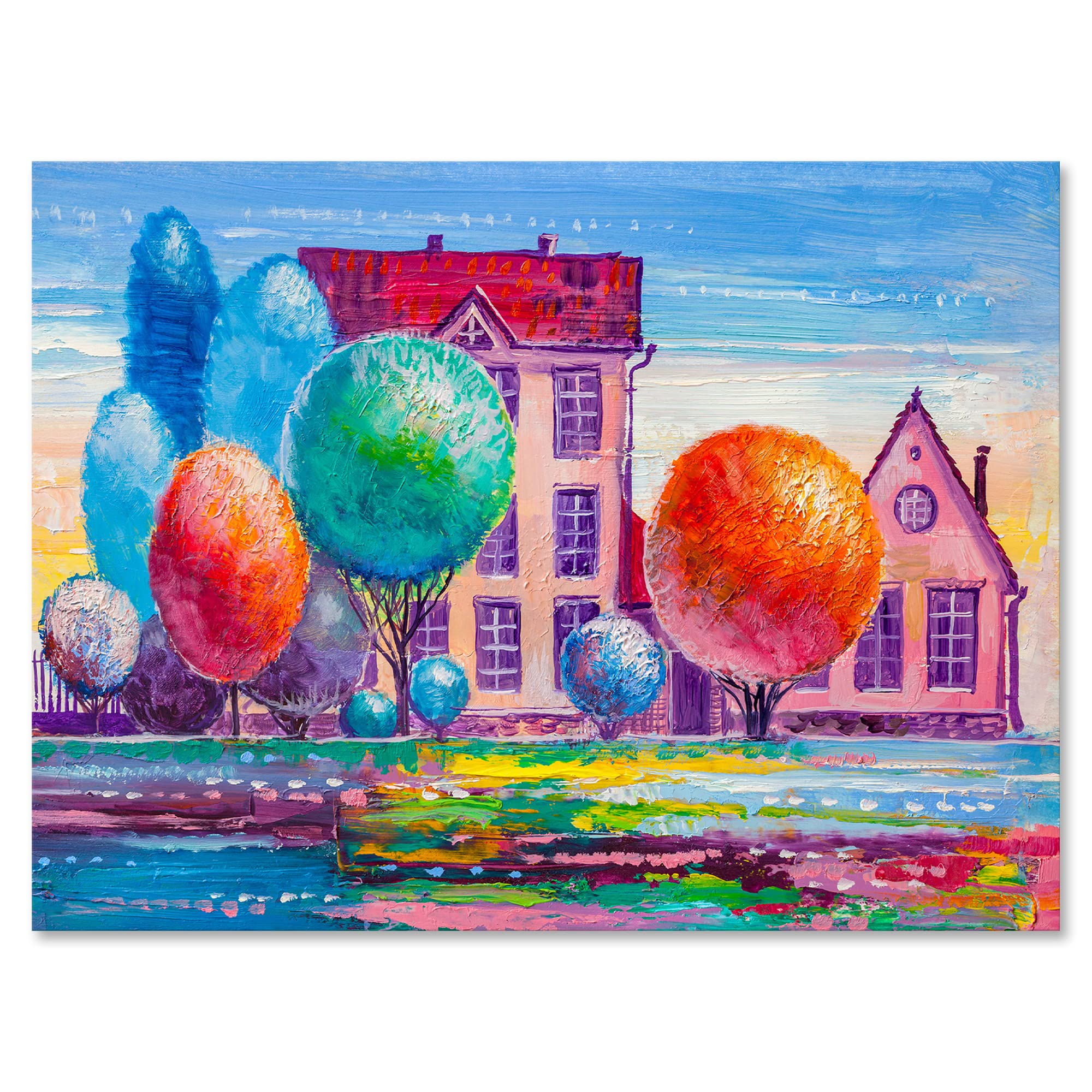 DesignQ Daydream House In The Village - Traditional Landscape Canvas Wall Art Painting for Living Room, Bedroom & Office Decor