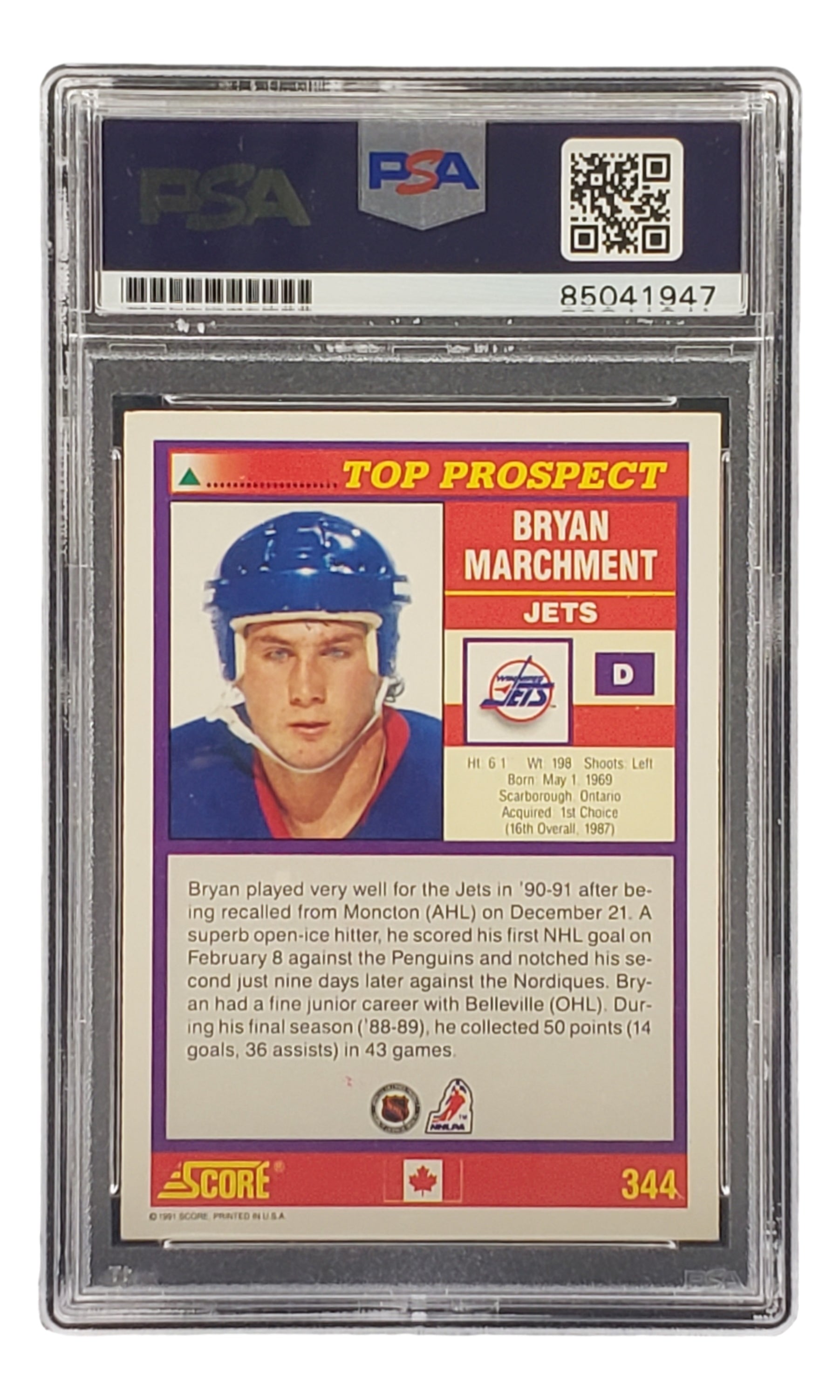 Bryan Marchment Autographed 1991 Score #344 Winnipeg Jets Hockey Card PSA/DNA Certified - Perfect for NHL Memorabilia Collectors and Hockey Fans Display